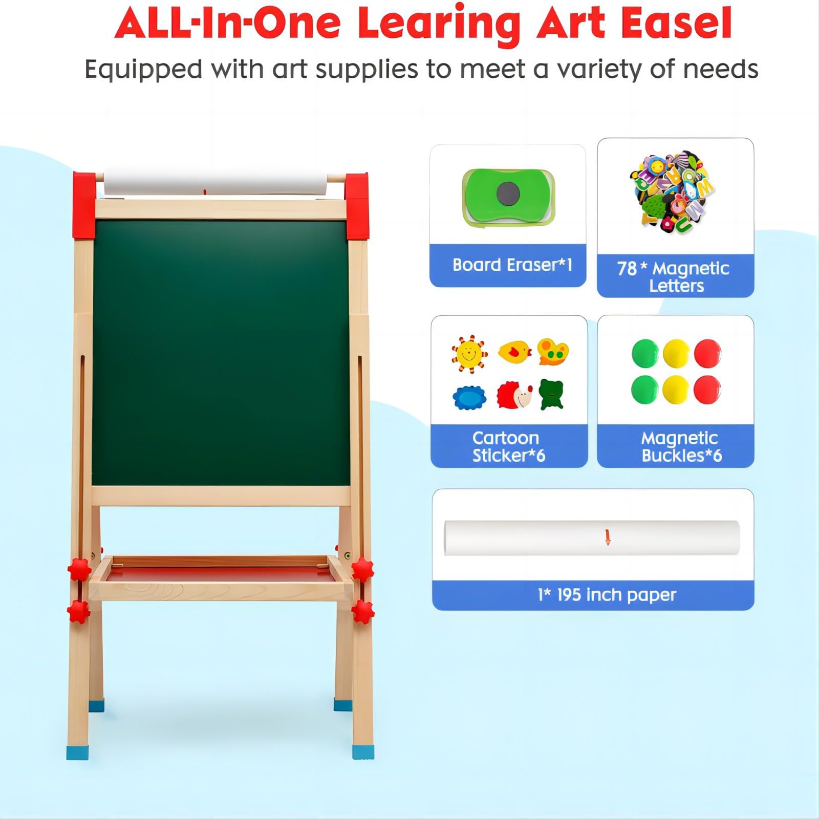 3 in 1 Cavalletto per Bambini con Doppia Faccia,Lavagna Bambini in Legno,Include Numeri,Gessetti e Accessori Educativi per Bambini e Neonati