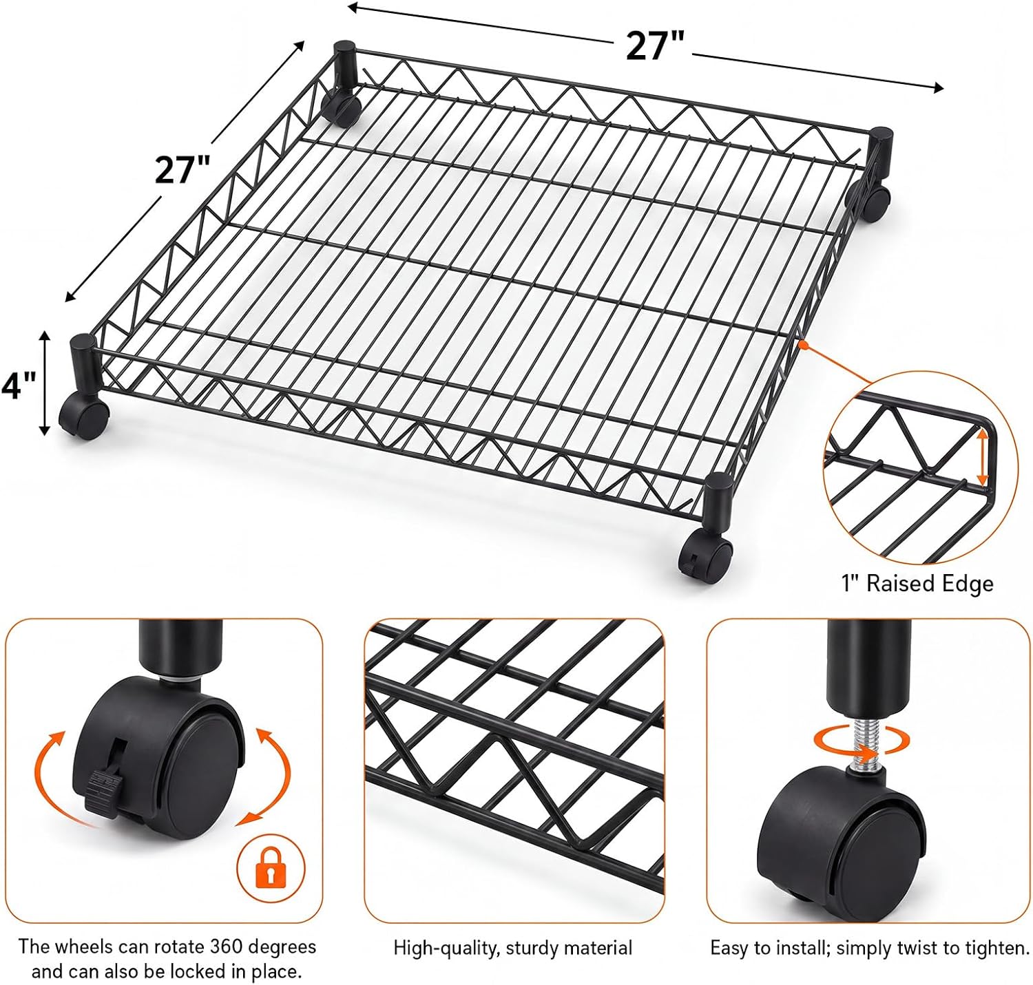 Mifoci Under Bed Storage 27 Inches Rolling Underbed Square Shelf, Black