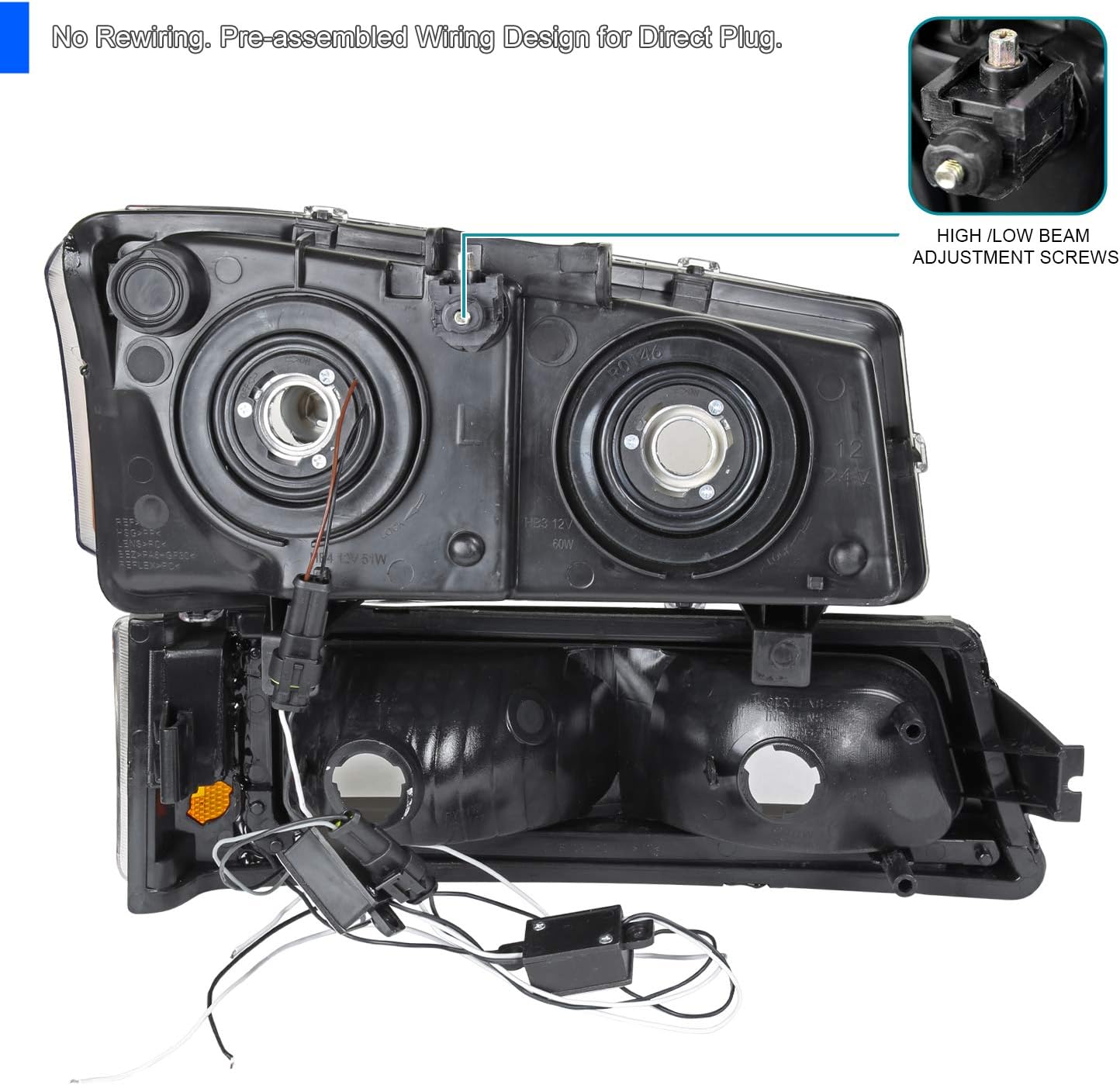 SPEC-D TUNING Black Headlights w/LED Light Bar Compatible with 2003-2007 Chevy Silverado 1500 2500 2002-2006 Avalanche, Left + Right Pair Headlamps Assembly