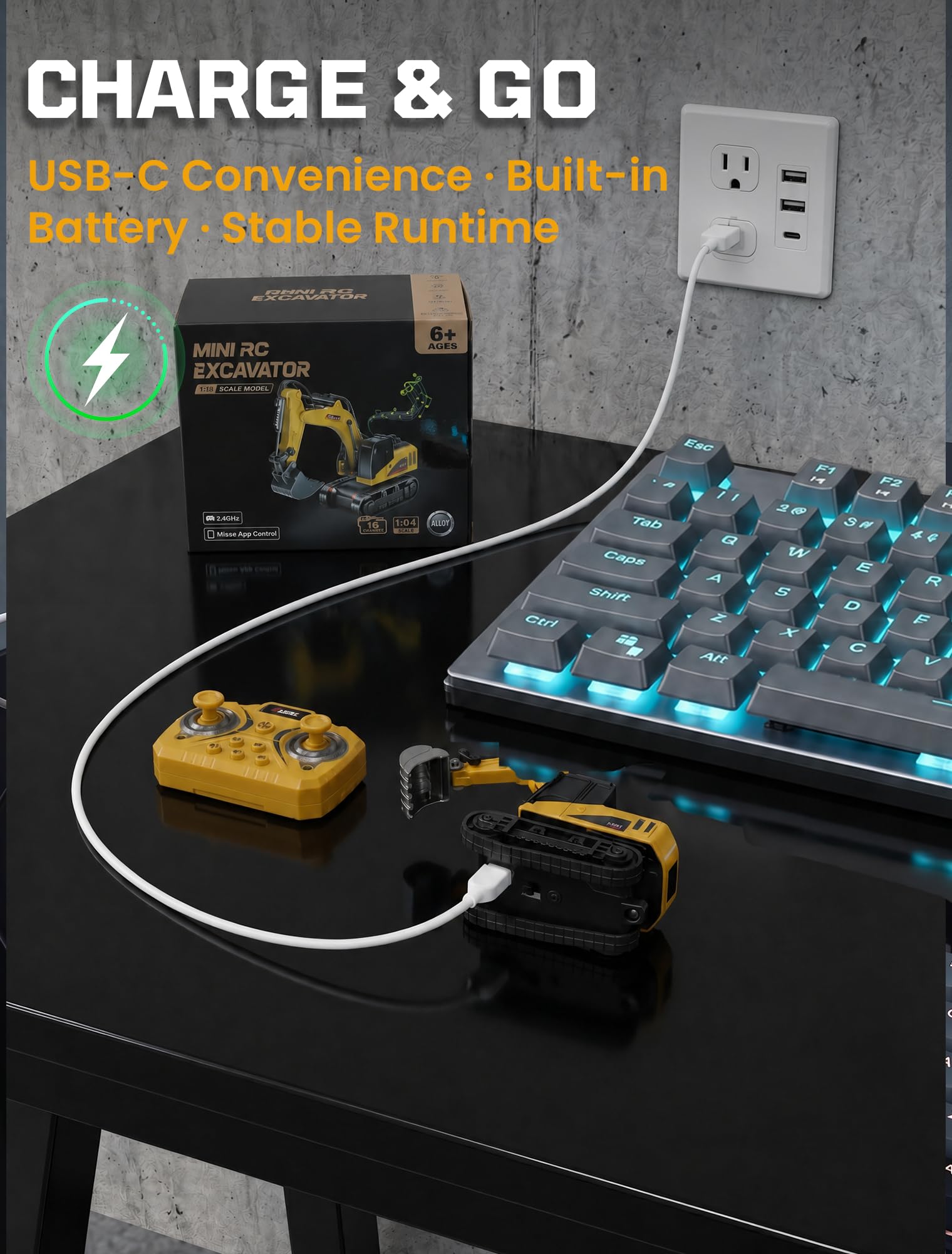 10-Kanal Mini RC Bagger, Ferngesteuerter Bagger für Erwachsene, Metallschaufel aus Legierung, Type-C wiederaufladbar, Baustellenfahrzeug-Spielzeug für Jungen ab 3 Jahren