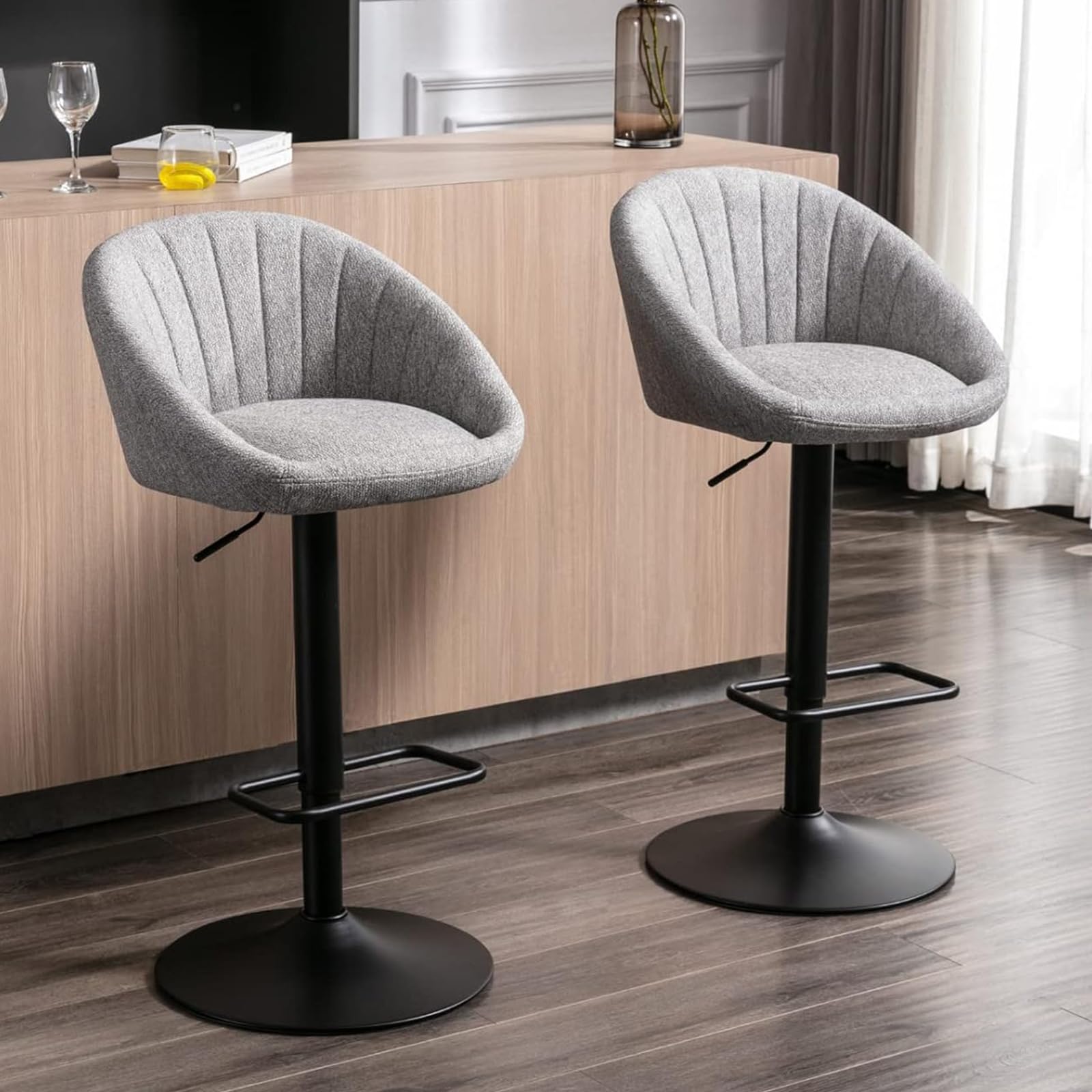 Ya-Home Set of 2 Modern Bar Stools Kitchen High Stools with Backrest, Swivel Bar Chairs Adjustable Counter Height Chairs for Island Kitchen/Restaurant, Grey