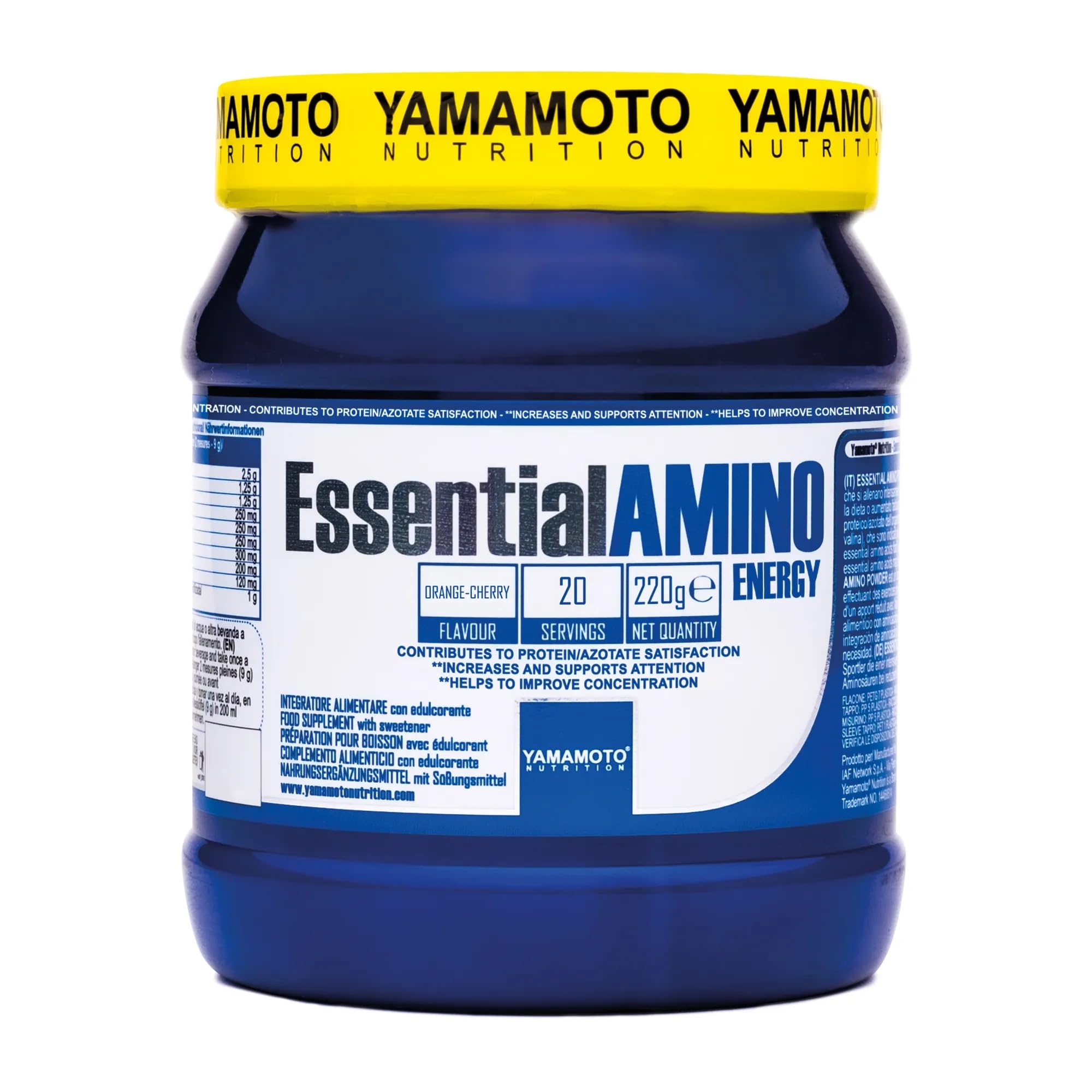 YAMAMOTO NUTRITION Essential AMINO ENERGY 220 gr, Integratore di Amminoacidi Essenziali EAA e BCAA 2:1:1, Pre-Workout con Caffeina per la Massima Energia, Gusto Arancia e Ciliegia