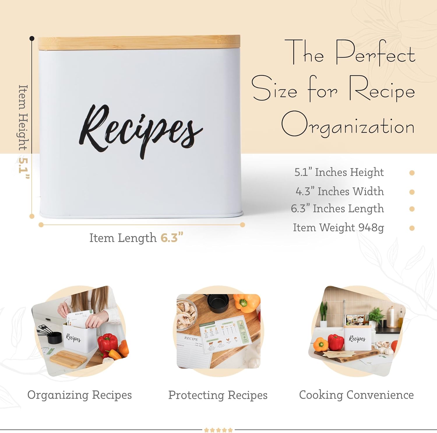 Recipe Box with Cards & Dividers – 4x6 Inch White Metal Holder with Wood Lid, 100 Recipe Cards, Kitchen Organizer Gift Set for Women & Home Chefs