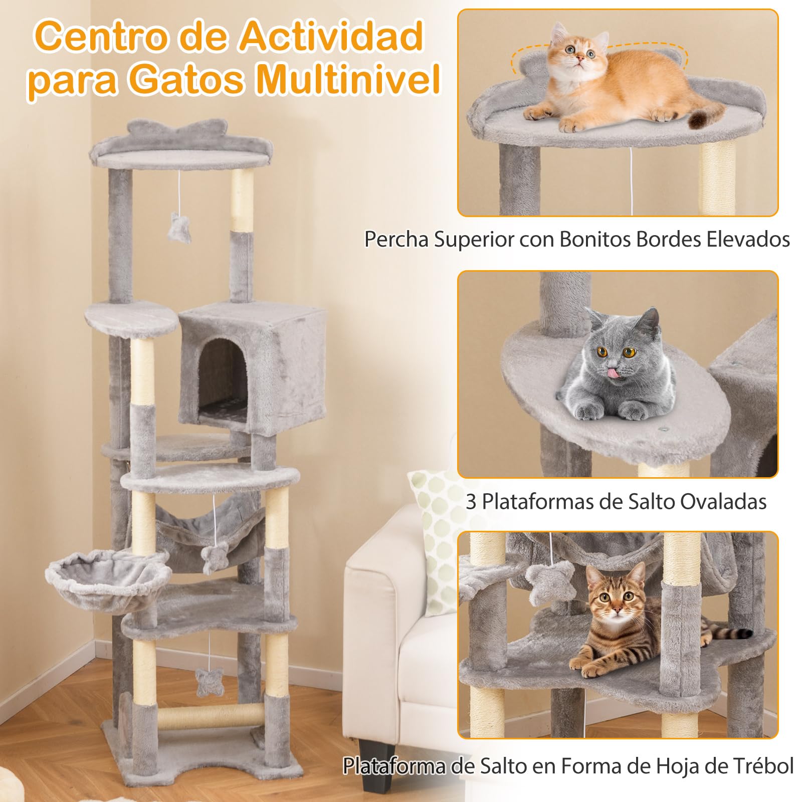 COSTWAY 176cm Árbol para Gatos, Rascador para Gatos con Perchero Superior, Cesta Cama, Hamaca, Poste para Rascar, Plataformas y Juguetes Colgantes, Centro de Actividades para Gatos