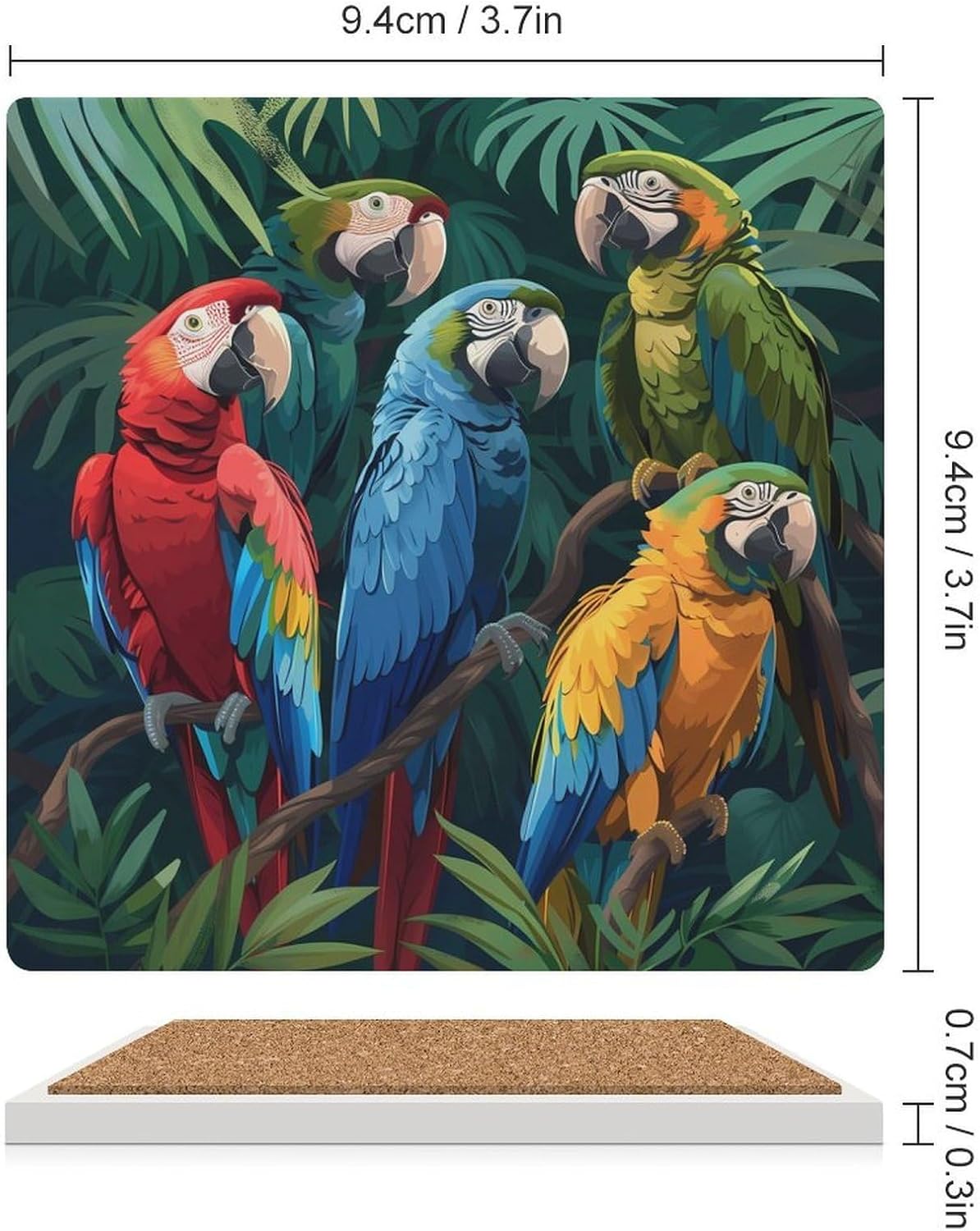 Tropical Macaw Parrot Colorful Coasters for Drinks Square Table Coasters Set Cup Mats with Cork Base