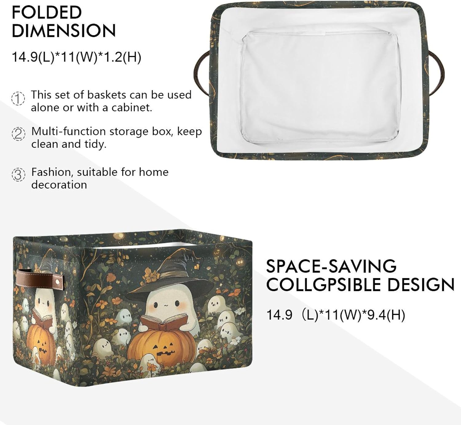 Cute Ghost Wearing Witch Hat Storage Basket Foldable Storage Bin, Canvas Rectangular Storage Basket with Leather Handles for Home Closet & Office Decoration image 3