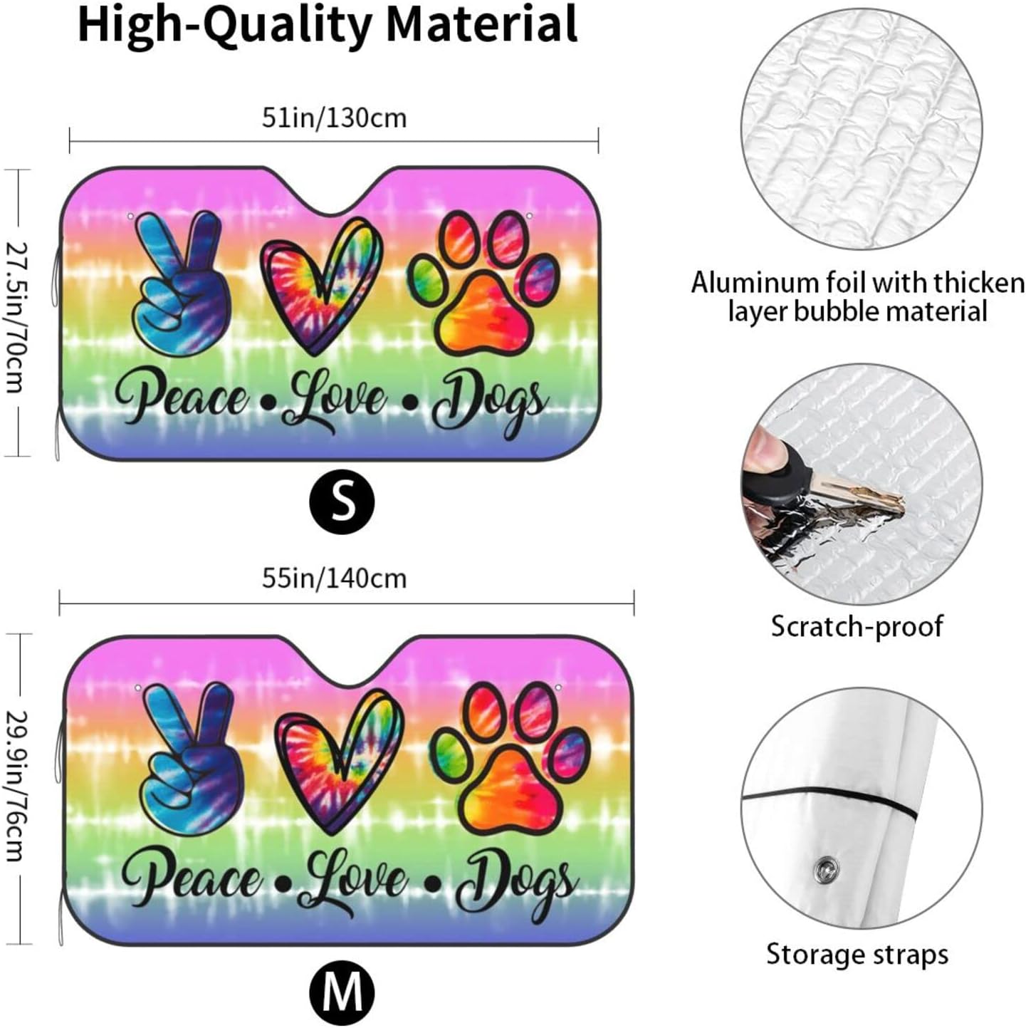 Rainbow Peace Love Paws Dogs Colorful Tie Tye Windshield Sun Shade Front Protector Folding Car Sun Visor Blocks Uv Rays Keeps Your Vehicle Cool