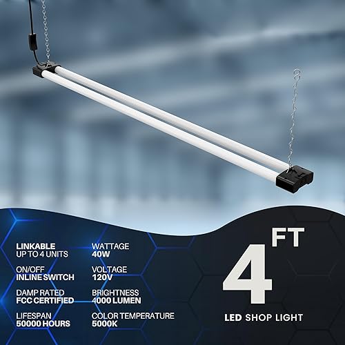 Miniatura 9 de DYMOND Lámpara LED envolvente de 4 pies y 40 W con cadena de tracción, luz diurna blanca 5000 K para garaje, taller, sótano