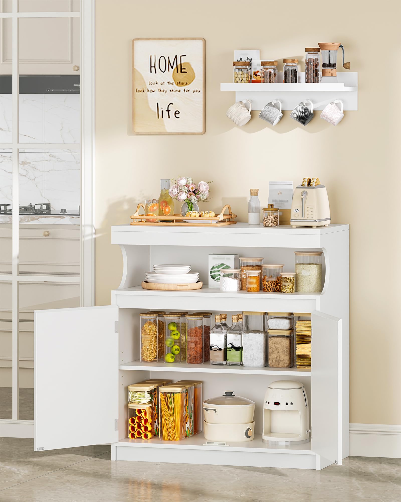 Hzuaneri Meuble Cuisine, Buffet à 2 Portes, Meuble de Rangement avec Espace Ouvert, Commode, Style Moderne, Étagères Réglables, Adapté à la Cuisine ou au Salon, 40 x 80 x 85 cm, Blanc SC80003X | Section de buffet ouverte, étagères réglables, armoire de ra