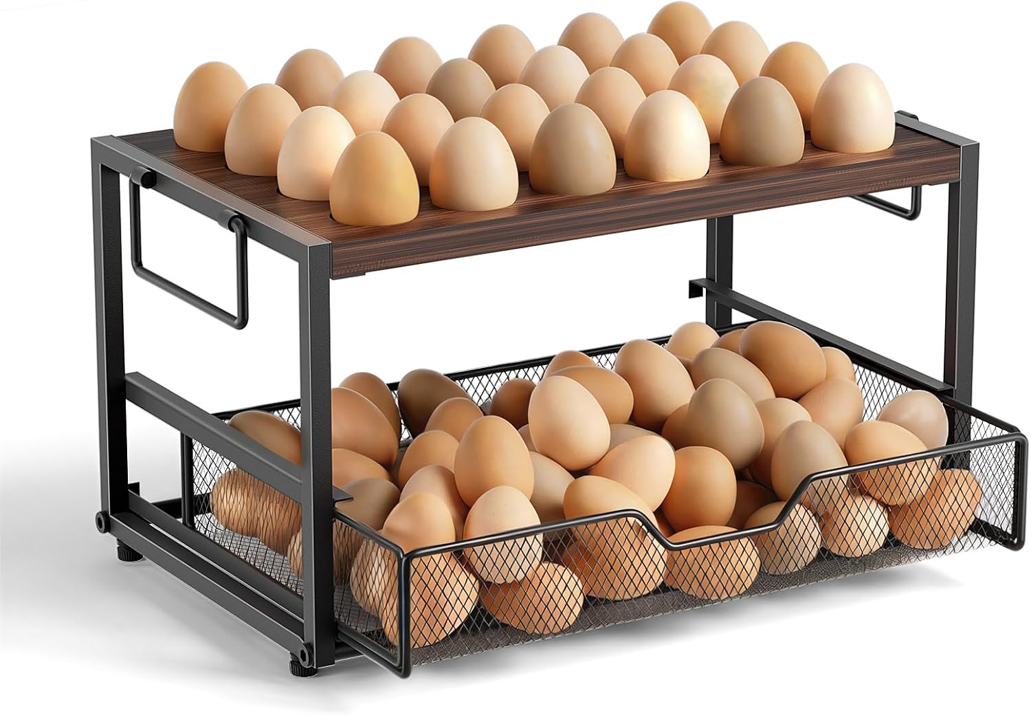 3-Tier 360° Rotating Egg Holder with 24+40 Egg Capacity - Rustic Farmhouse Kitchen Counter Organizer, Tiered Egg Storage Rack with Ventilated Wooden Trays & Metal Basket for Easter Eggs, Fresh Eggs