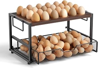 Compact 2-Tier Wooden Egg Holder with Basket, Holds 84+ Eggs | Wooden 2-tier egg holder with basket & carry handle , holds 24+60 chicken, duck & quail eggs