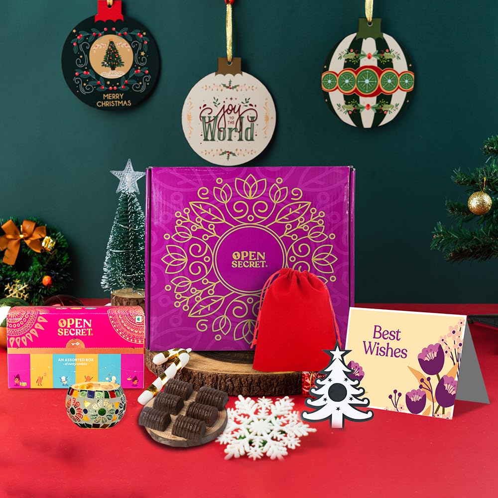 Open Secret Gift Hamper | 11 Item Gift Combo - A1 Candle, Greeting Card, Cookies Box, D2 Christmas Light, Chocolate Gift Box (Pack of 6), DIY Kit, Festive Lamp | Gift for Corporate, Family, Friends