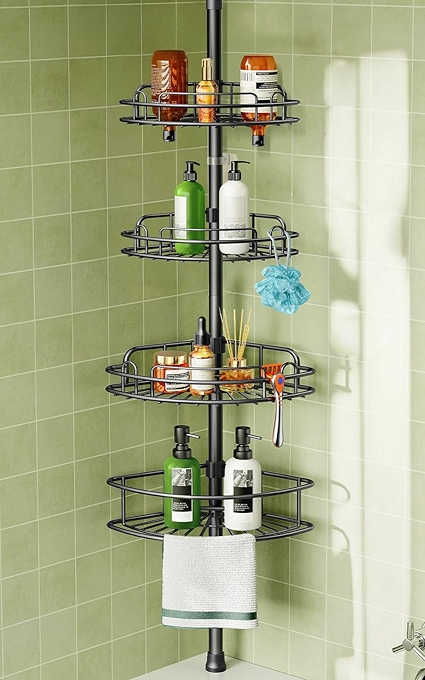 HAMITOR 免打孔调节式角落浴室置物架四层金属防锈收纳架