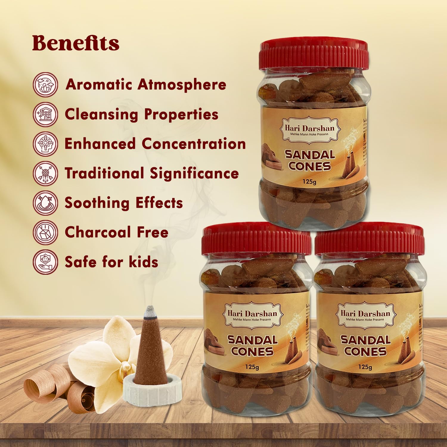 Hari Darshan Sandal Dhoop Cones - Organic Dry Dhoop with Long-Lasting Fragrance for Daily Pooja Meditation & Yoga | Non-Charcoal -Pack of 3 (125g Each) 2