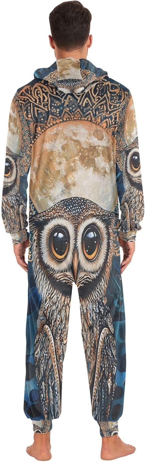 Owl Moon Line Boho Unisex Adult Onesie Pajamas Comfy One Piece Costume Jumpsuits Novelty Sleepwear Homewear for Men Women
