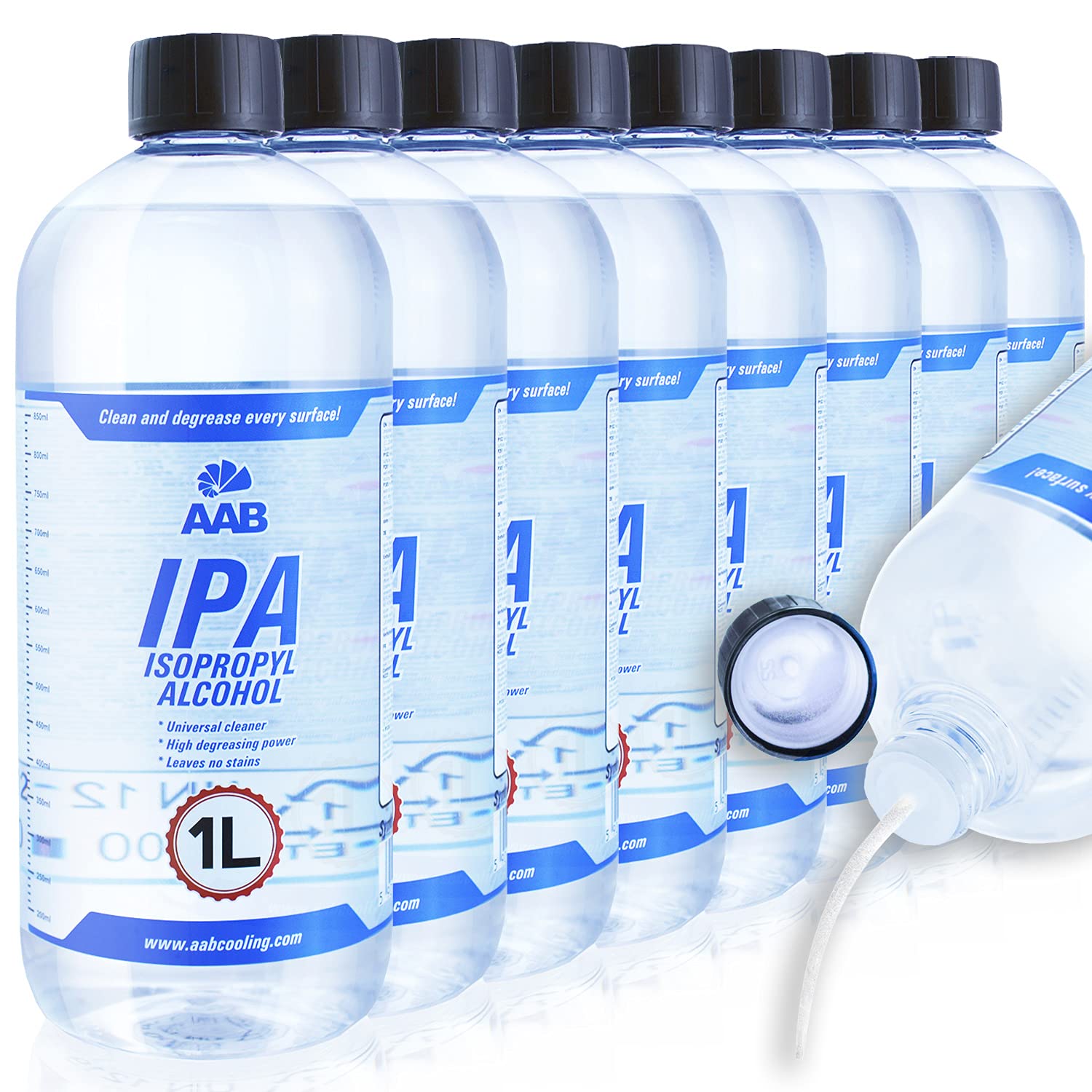 AAB IPA 1L - Conjunto de 8 - Un Isopropanol Eficaz Para la Limpieza, Universal Alchol Isopropilico, Propanol, Alcohol Desinfectante, Alcohol Isopropilico 99, Para Limpieza Electrónica
