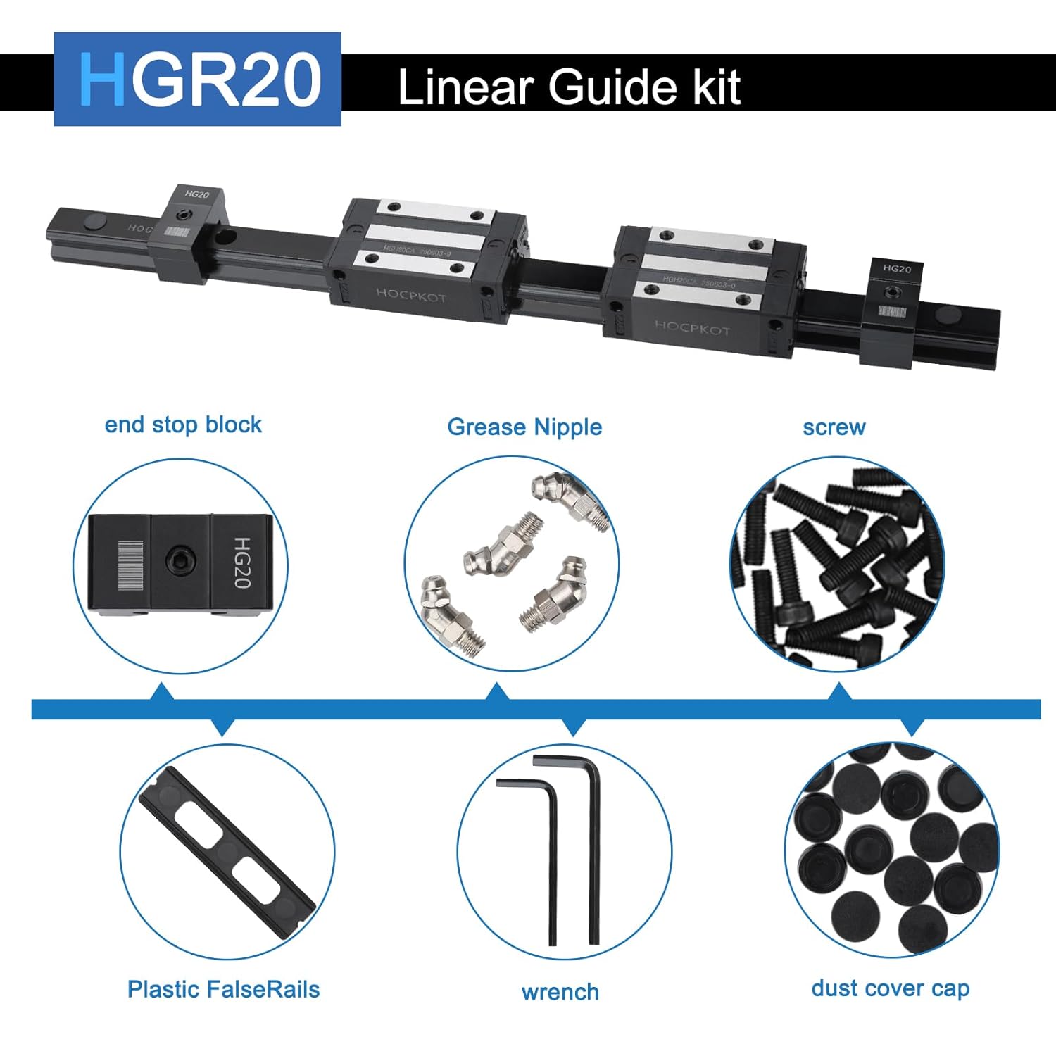 400mm / 15.75 inch HGR20 Linear Guide kit,2pcs 400mm hgr20 Linear Rail with 4pcs HGH20CA Carriage Block and End Stop Block