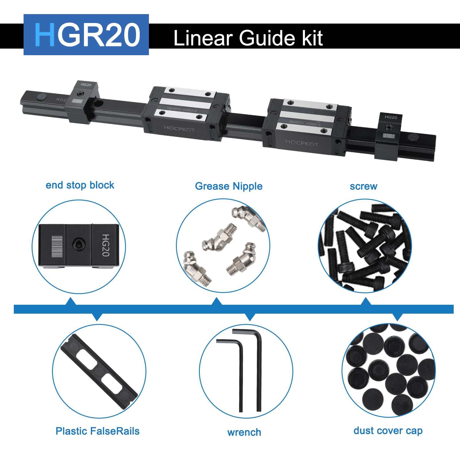 250mm / 9.84 inch HGR20 Linear Guide kit,2pcs 250mm hgr20 Linear Rail with 4pcs HGH20CA Carriage Block and End Stop Block — Amazon image 3