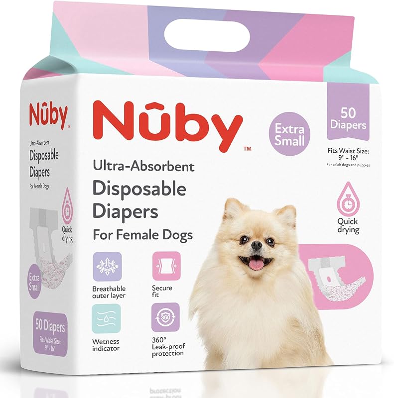 Pets Pañales desechables para perros hembra, X-Small (cintura de 9 a 16 pulgadas), 50 unidades | Indicador de humedad, resistente a fugas y absorbente para perros en celo, entrenamiento e incontinencia con ajuste cómodo diario