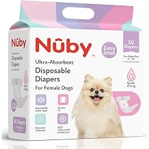 Nuby Pets Disposable Female Dog Diapers with Wetness Indicator, Leak-Resistant & Absorbent for Dogs in Heat, Training & Incontinence, X-Small 9-16 Waist, 50 Count