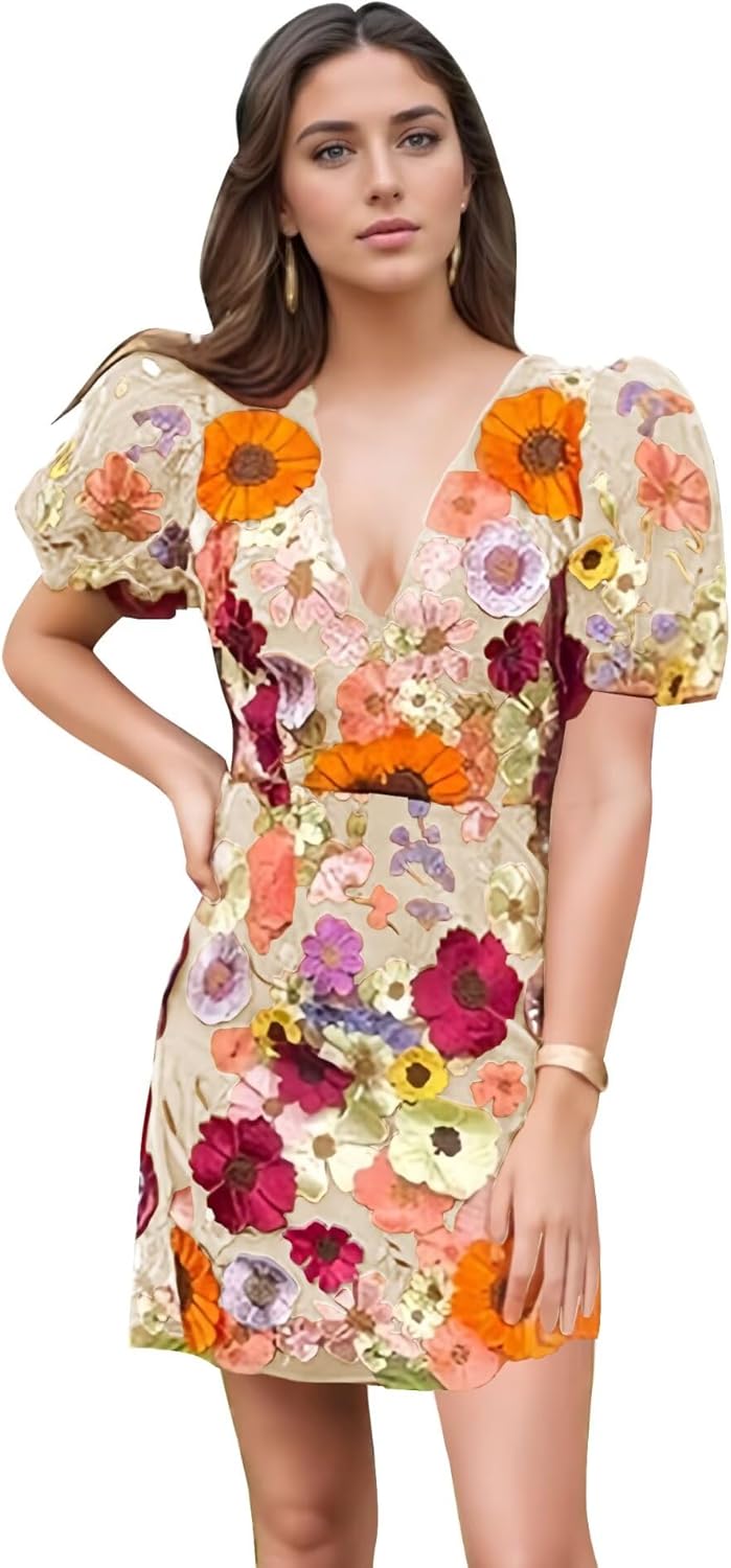 3D Floral Embroidery Homecoming Dresses Puffy Sleeve V Neck Tight Mini Prom Dress Party Cocktail Gowns