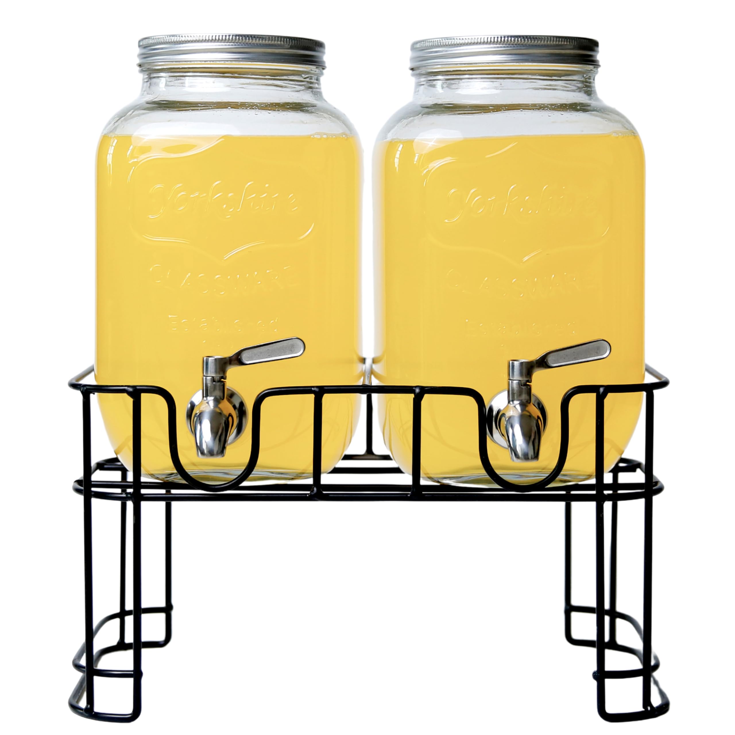 Dispensadores de bebidas de vidrio de doble galón con infusor de frutas e inserto de hielo, espitas de acero inoxidable, soporte de metal y bandejas de goteo para bebidas frías y agua saborizada