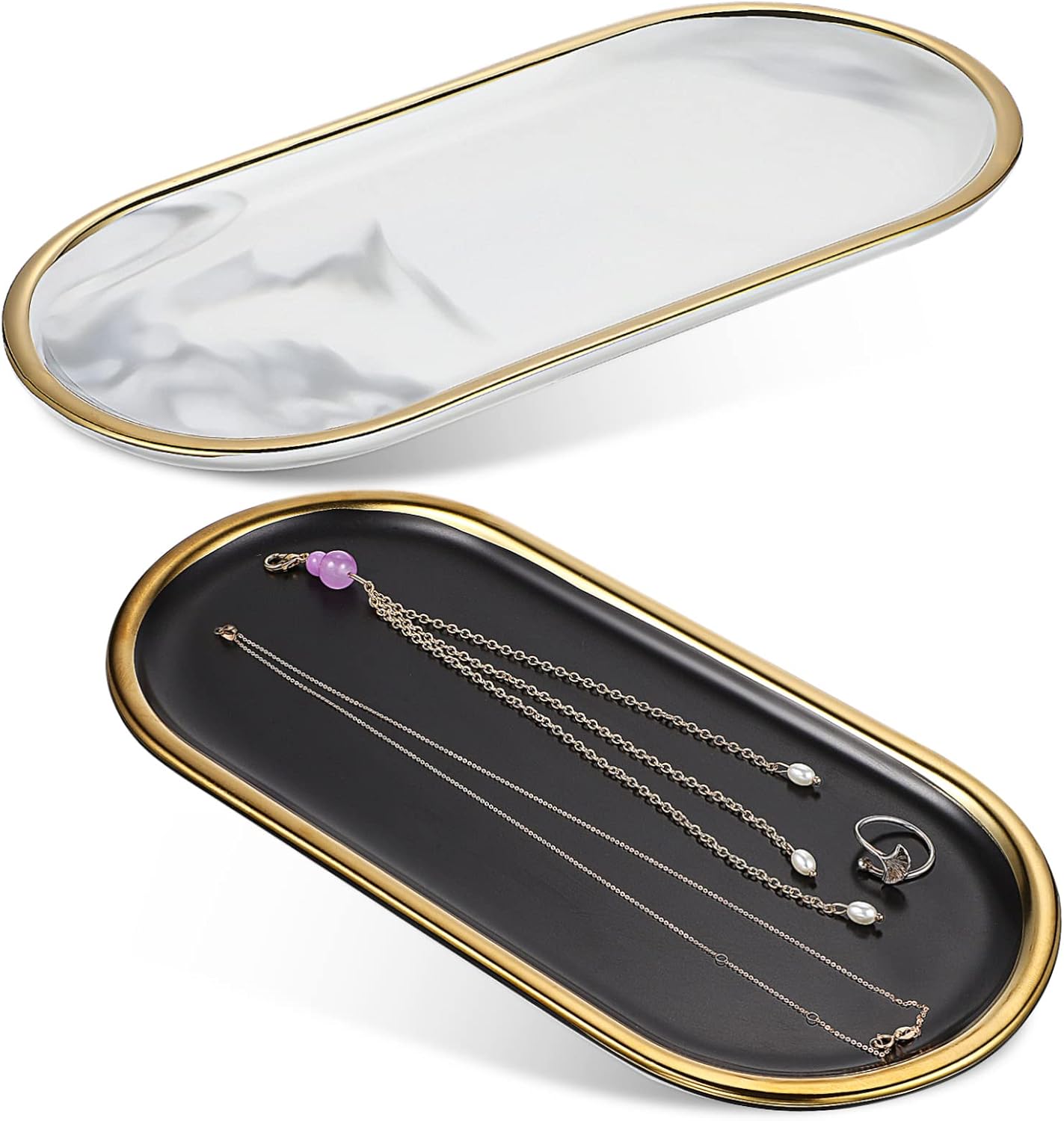 2Pcs Oval Shaped Bathroom Vanity Trays Decorative Organizers for Perfume Candle Jewelry Elegant Grey Marble Design with Edge for Bathroom Decor