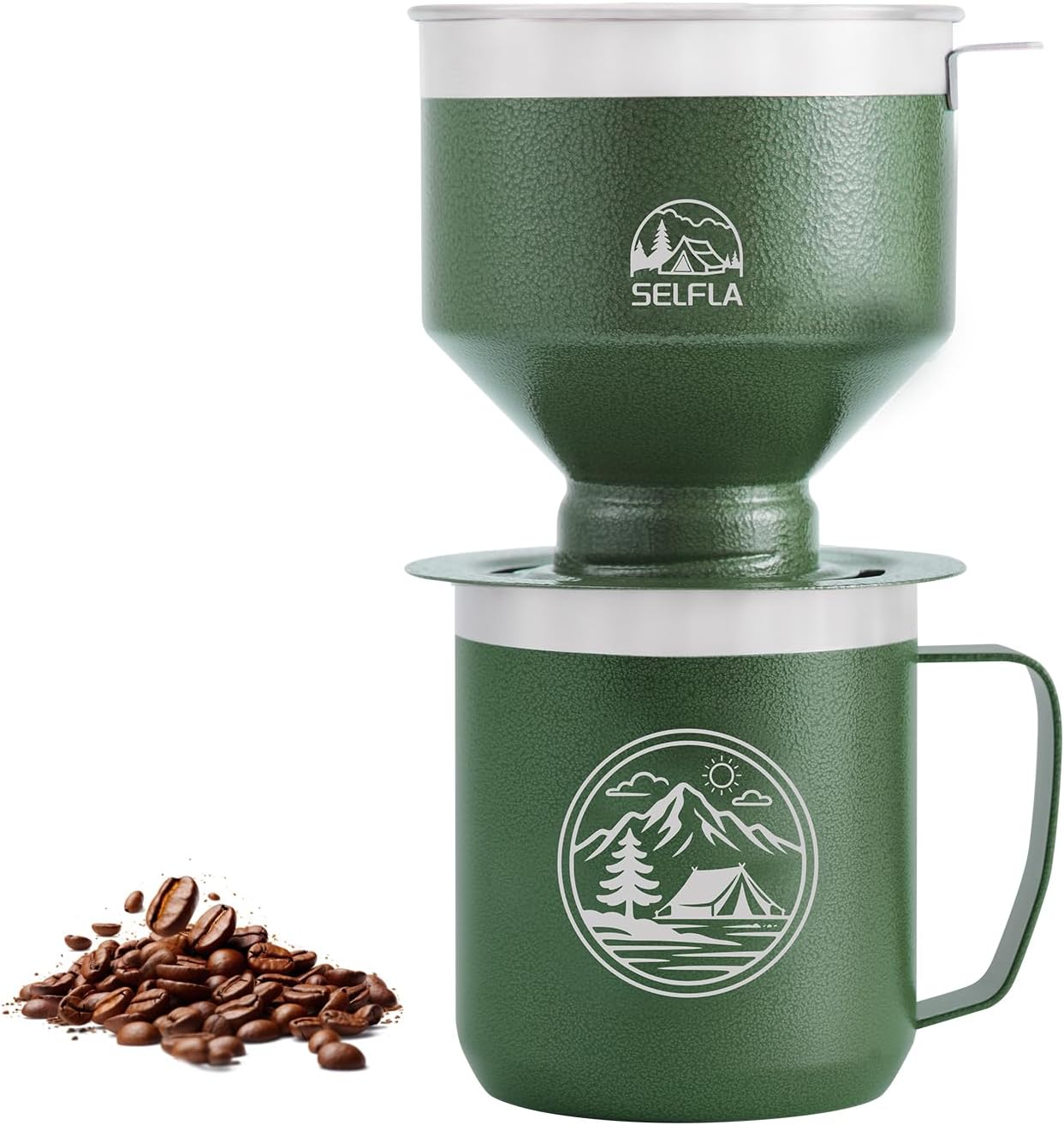 Stainless Steel Pour Over Coffee Maker Set, Outdoor Coffee Dripper, Reusable Coffee Filter&Insulated Camping Mug (16oz), for Hiking, Camping&Outdoor Adventures, Rinse-clean&Portable -Green