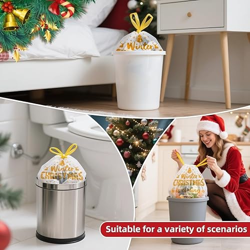 Miniatura 6 de Bolsas de basura doradas de Navidad de 3 galones 50 bolsas de basura pequeñas con cordón impresas navideñas, forros de basura impresos festivos,