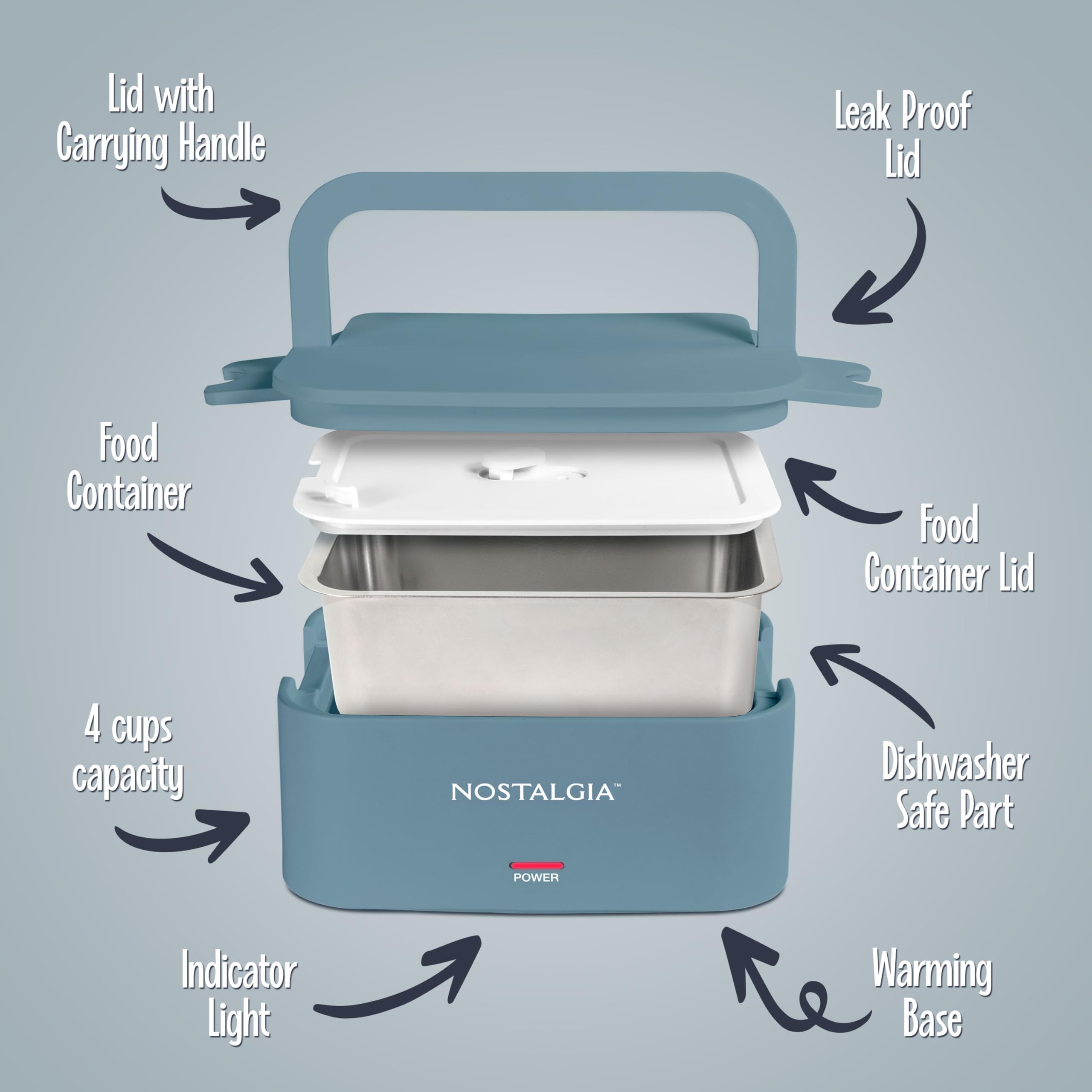Nostalgia Lonchera portátil con calefacción, calentador de alimentos de acero inoxidable para 4 tazas, cable desmontable, tapa a prueba de fugas, asa de transporte, portátil para el trabajo y viajes