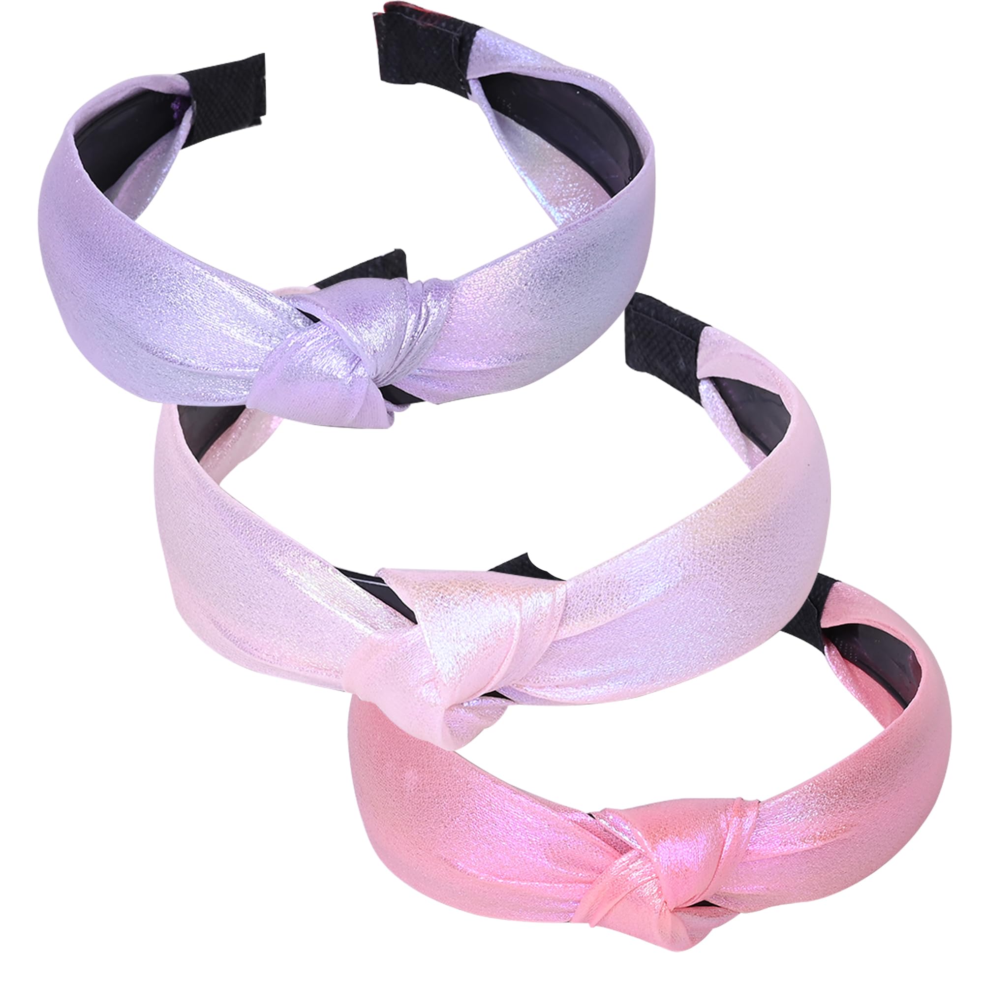 Diversa Korean Style Solid Fabric Printed Knot Hairbands with Tape Plastic Headband Hair Bands Stylish Hair Accessories For Girls and Women (Pink, Lavender and White) - Pack of 3 Pcs