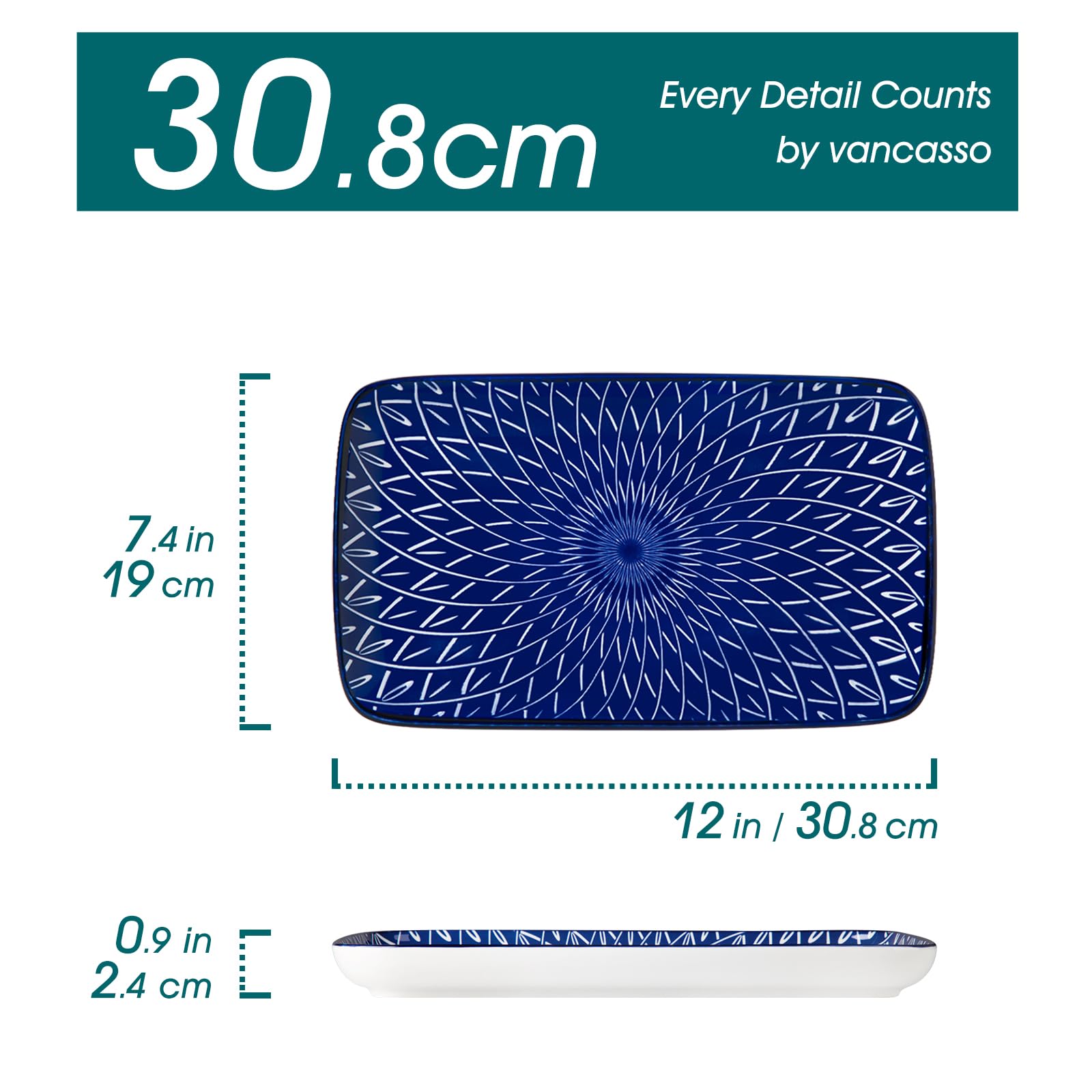 vancasso SELENE Lot de 4 Assiettes Plates Rectangulaires en Porcelaine - 30,8 cm - Assiette pour Desserts, Sushis et Salade, Adapté au Micro-Ondes - Style A Chinois Oriental Bleu et Blanc