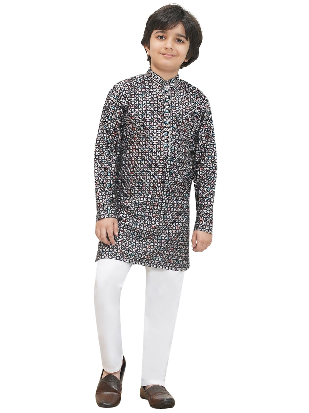AJ DEZINES Kids Cotton Blend Full Sleeve Embroidered Kurta Pajama Set for Boys - Ethnic wear | Special Occasion | Mandarin Collar - Regular Fit
