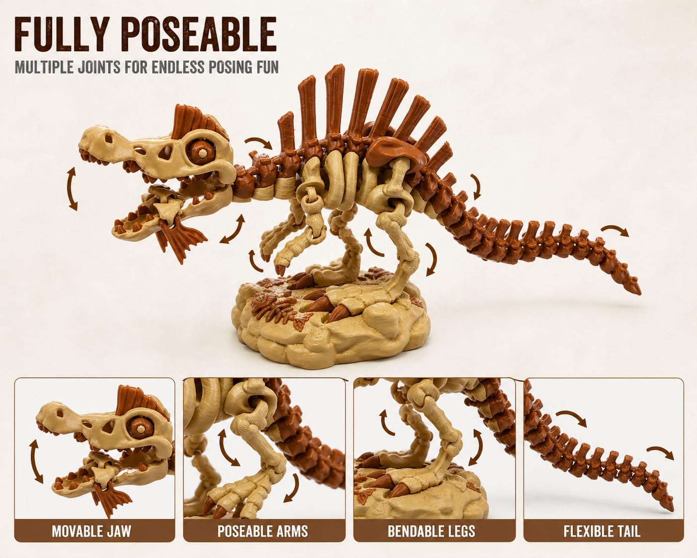Articulated Spinosaurus Skeleton Model, 3D Printed Poseable Dinosaur Figure with Display Stand (Spinosaurus, XL)