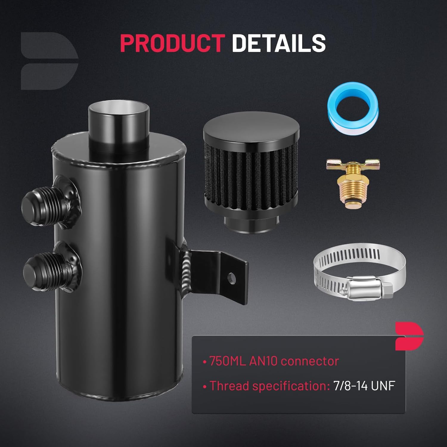 BDFHYK 750ml Oil Catch Can Tank Kit, 10AN Universal Polish Baffled Reservoir with Breather Filter and 3/8" ID Fuel Line Hose, Aluminum