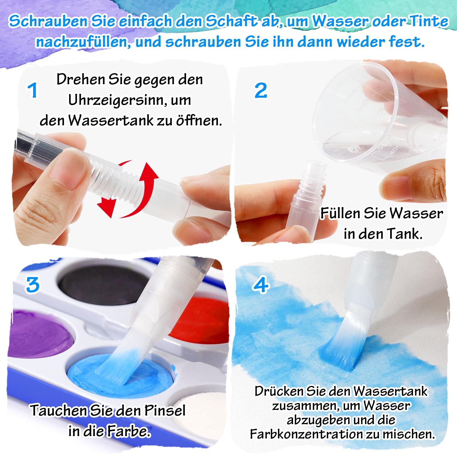 LXUEJIE 12 stuks aquarelpenseelstiften, waterpenseelstiften, penseel, aquarelpenseelstiften, lege waterpenseelstift, vulbare watertankkwast, waterverfstiften met tank voor aquarelkunst, schilderen