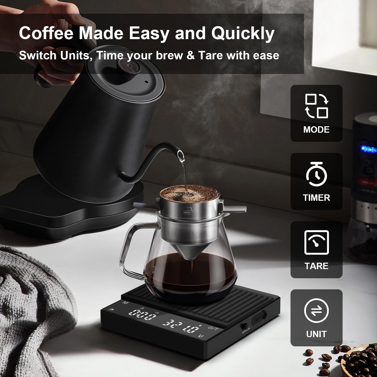 Mini báscula de café recargable, báscula de café con temporizador, escala precisa de 4.4 lbs/0.00 oz, temporizador automático/manual, mini báscula de cocina digital portátil para café por 6