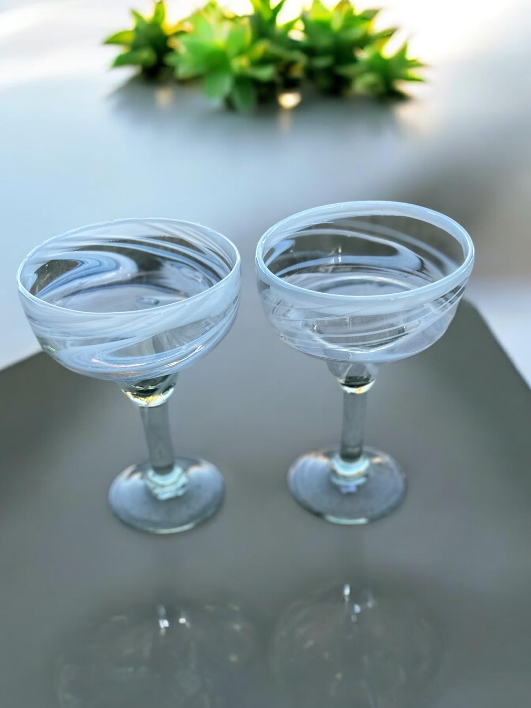White Swirl Margarita Glasses; Hand-Blown Mexican Glassware; 7” Tall, 5” Wide; Dishwasher Safe (4 Glasses)