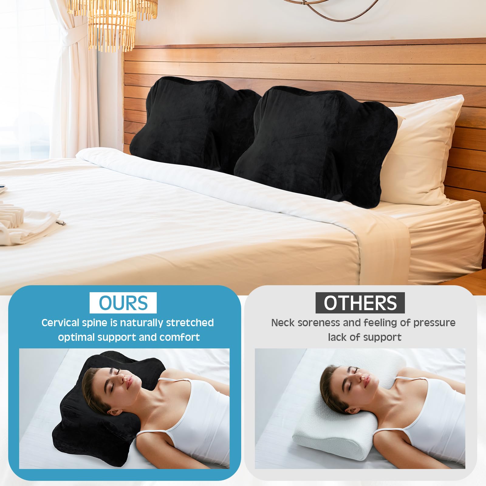 Hahafelt Cervical Neck Pillowcase (Only Pillowcase) with Zipper Ergonomic Pillow Cover Contour Pillow Cover Fuzzy Cases for Side Back Stomach Sleepers(Black,Queen Size)