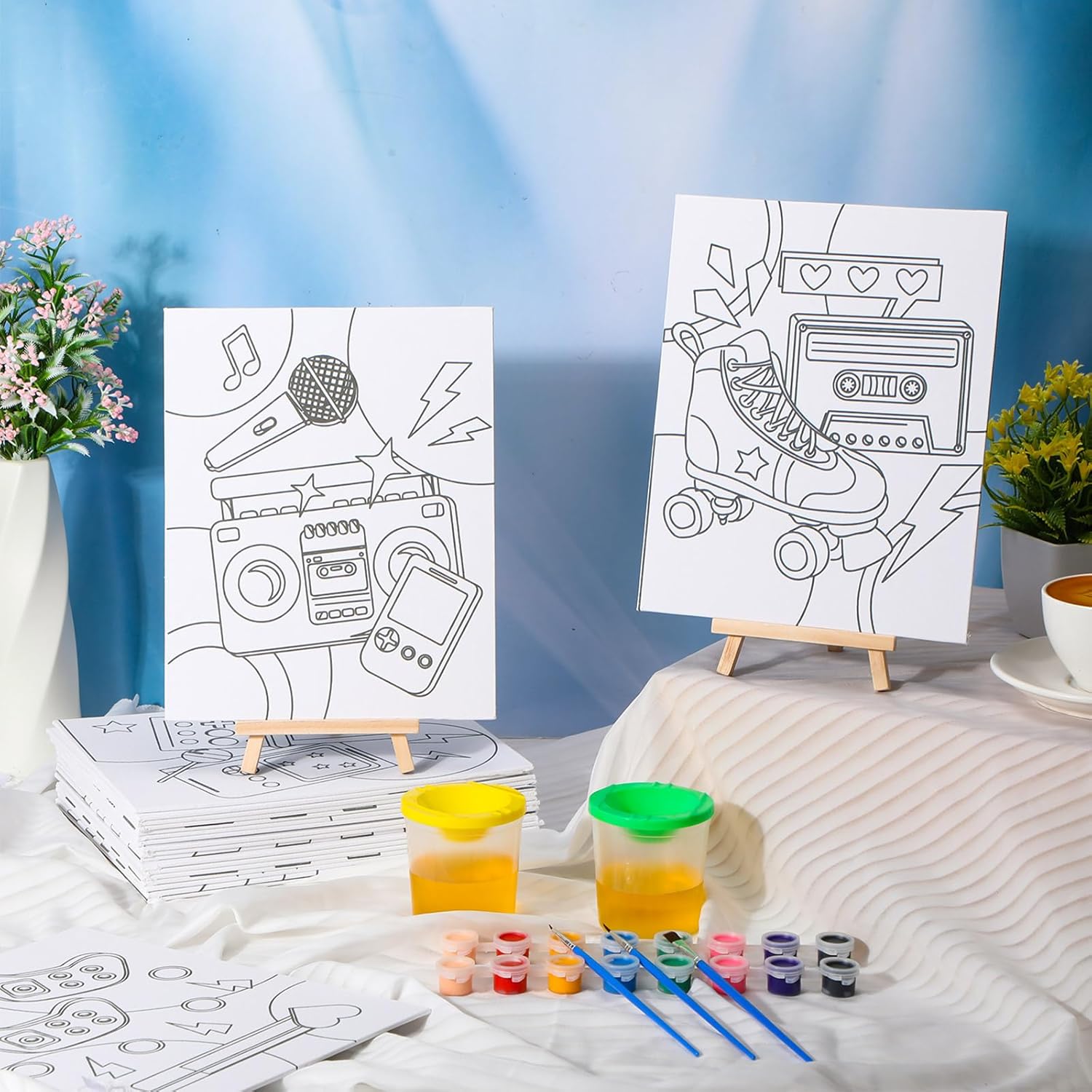 Sherr 140 Pcs 20 Set Pre Drawn Canvas Kit for Painting Craft Sip and Paint Kit for Adults Pre Printed Canvas Painting Favor for Virtual DIY Birthday Gifts Adult's Date Party(Vintage)
