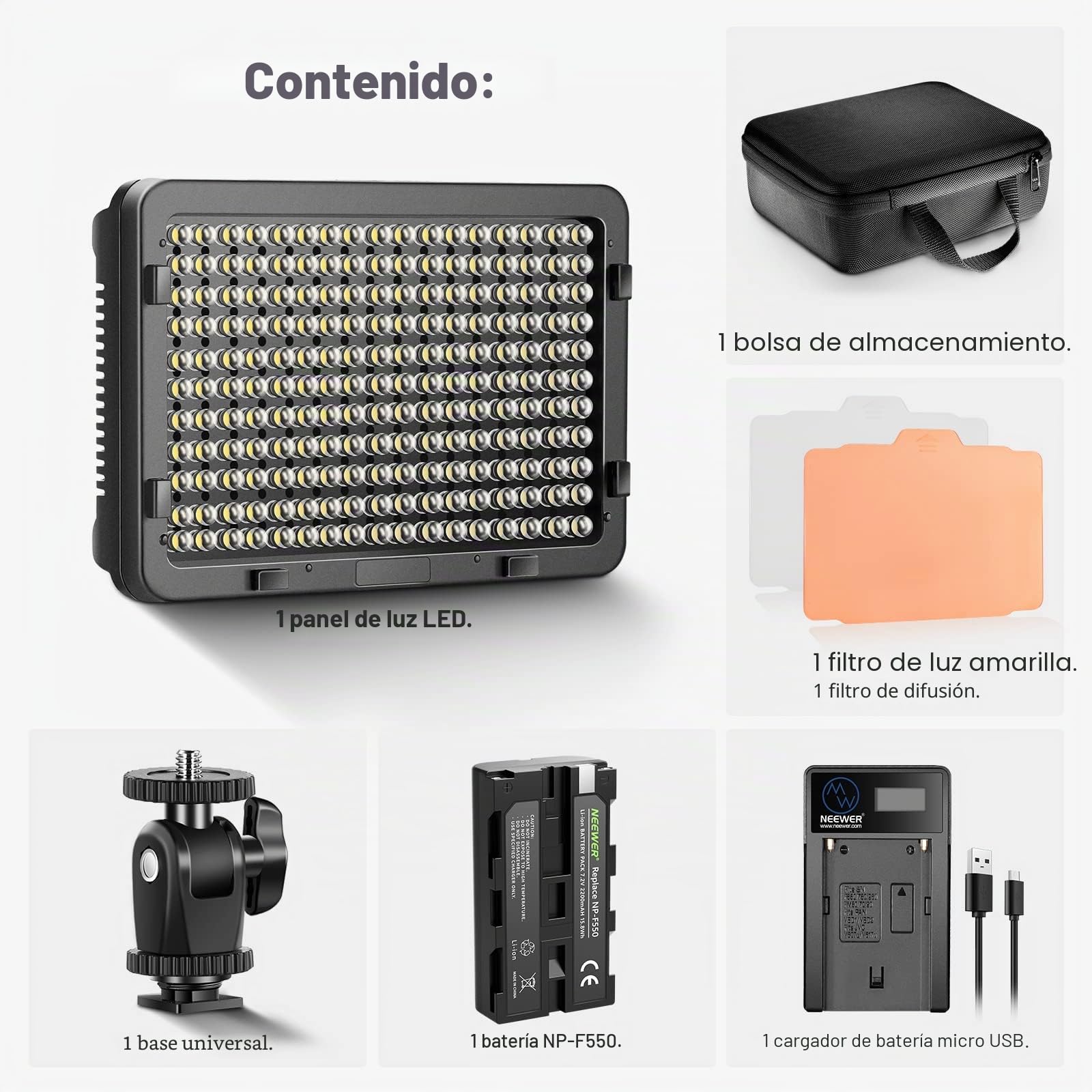 Neewer 176 LED Luz de Video Iluminación Kit: 176 Panel LED Regulable, con Batería de Li-Ion 2200mAh, Cargador de Batería USB y Estuche para Fotografía de Producto y Retrato