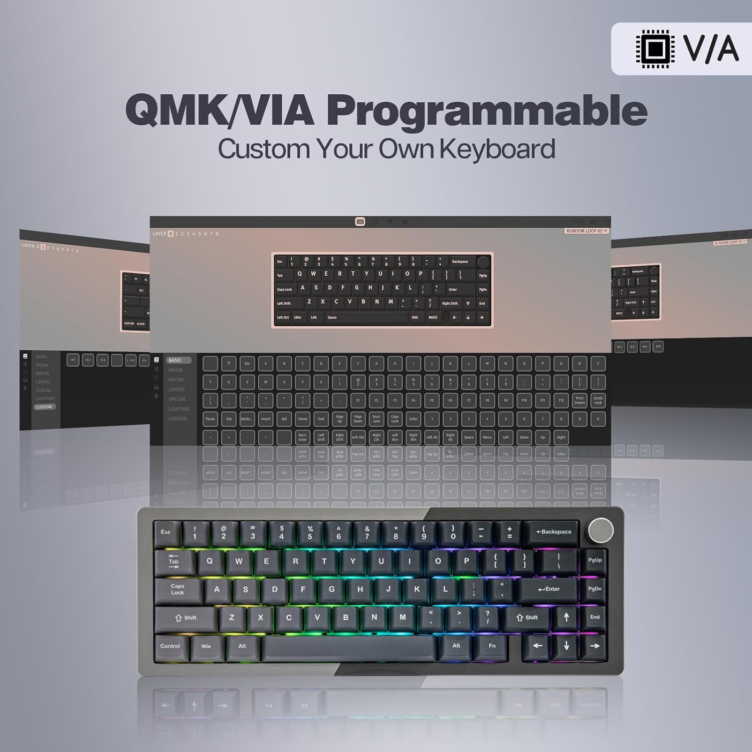 Screenshot of the QMK/VIA software interface showing a virtual keyboard layout and options for customizing key assignments, layers, and special functions, with the KiiBoom Loop 65 keyboard in the foreground.