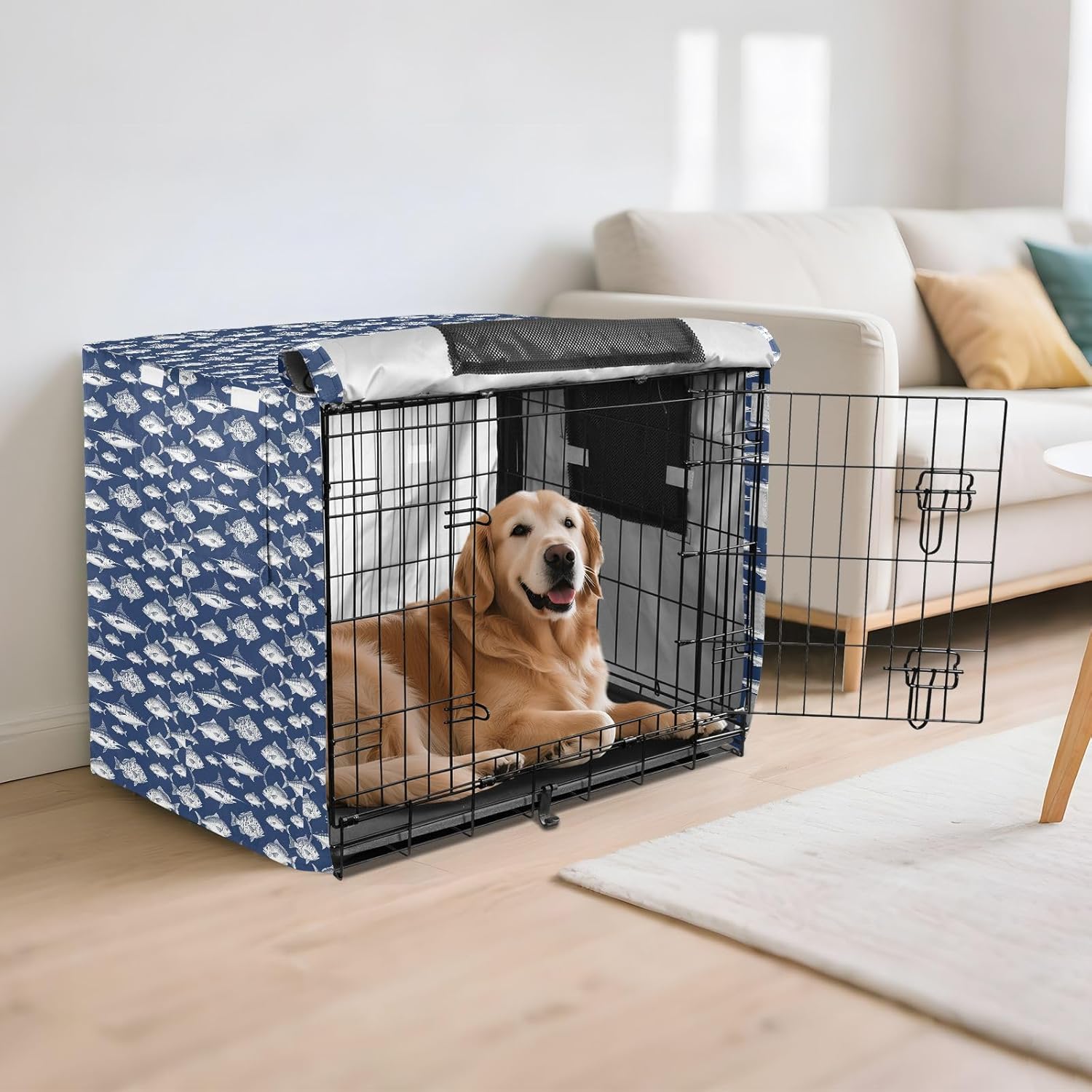 Deep Blue Marine Fishes Crate Covers for Dogs Kennel Covers for Puppy Roller Shades 42 Inch