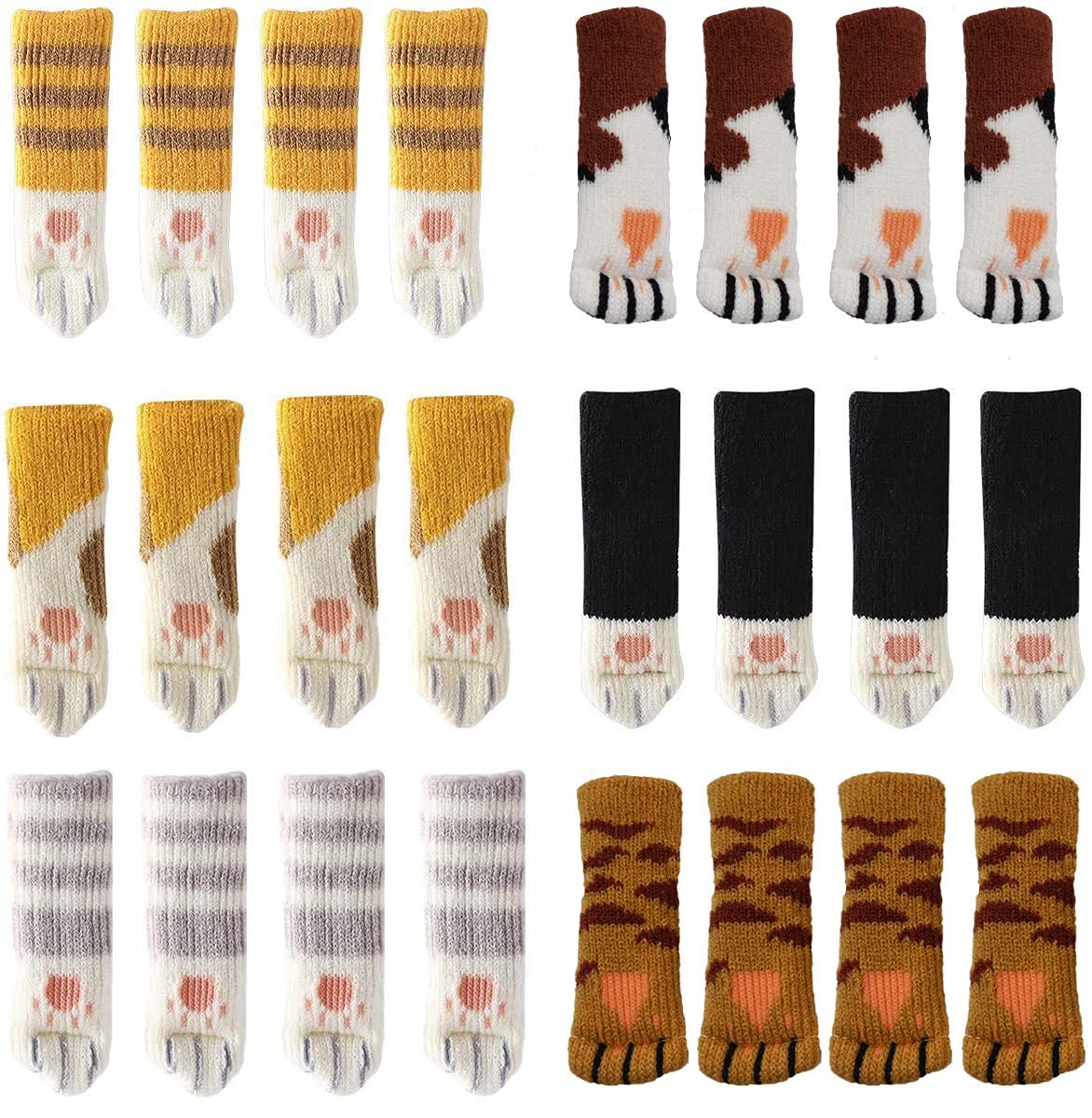 KASTWAVE 24 PCS Chair Socks with Cute Cat Paws Design 6 Patterns Furniture Leg Caps Anti Scratch Anti-Noise Chair Leg Covers Table Leg Pads Floor Protectors