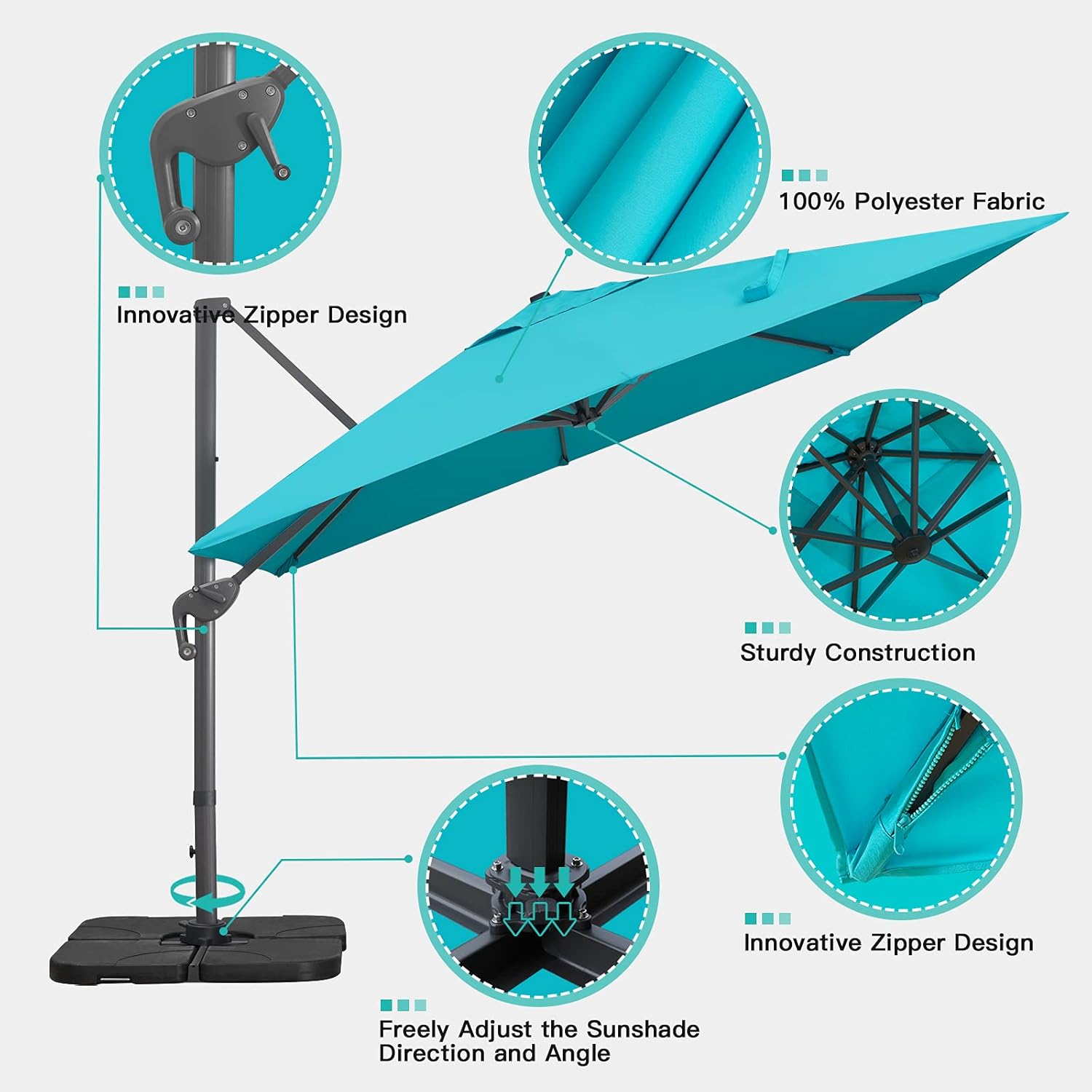 sunnyglade 10x13ft cantilever patio umbrella rectangular deluxe offset umbrella 360°rotation & integrated tilting system patio hanging umbrella for market garden deck pool backyard patio(blue) 10 x 13 ft blue