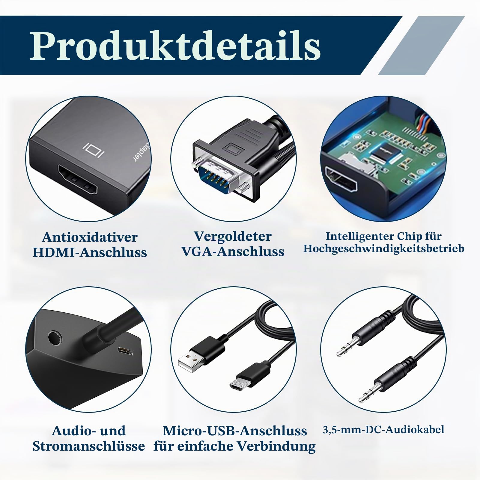 VGA auf HDMI Adapter mit Audio, 1080P VGA zu HDMI Konverter, Stecker zu Buchse mit 3,5mm Audiokabel & USB Ladekabel, Unidirektionales Kabel kompatibel mit Laptop PC Monitor Projektor TV Box HDTV