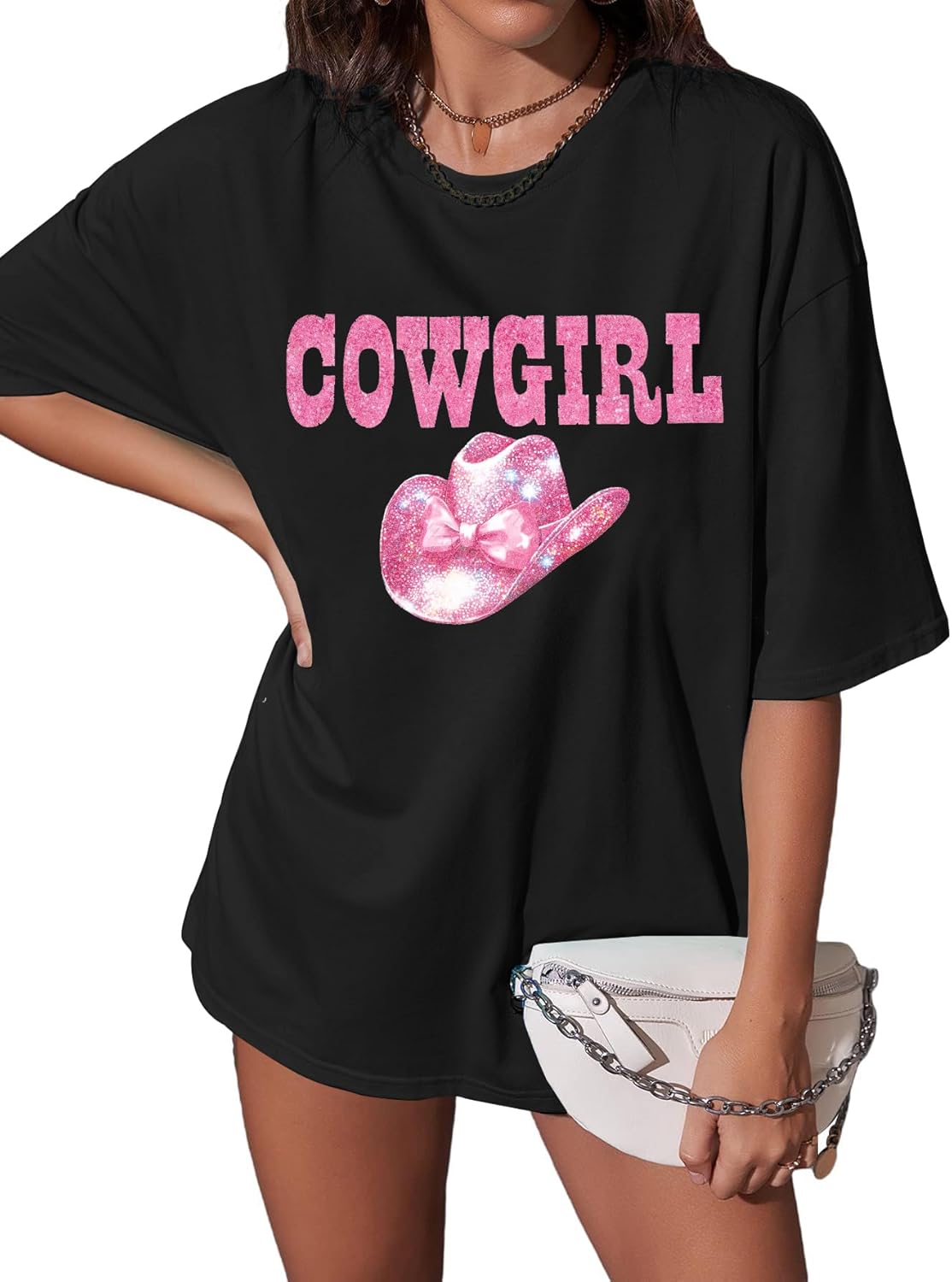 Cowgirl Shirts for Women Western Oversized Tshirts Glitter Hat Boots Print Shirt Country Music Short Sleeve Tee