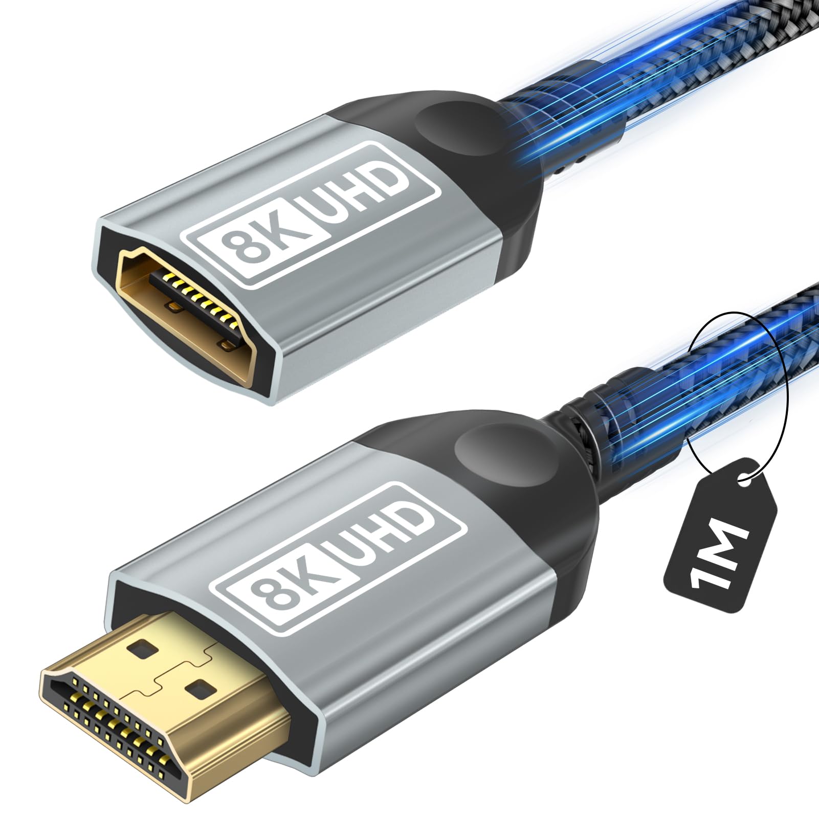 Nersligek HDMI Verlängerungskabel 1M, 8K HDMI Verlängerung Kabel Stecker auf Buchse Ultra Highspeed Ethernet UHD HDR ARC 3D Kompatibel mit TV Stick Roku Blu-Ray Xbox PS5 PS4 HDTV Laptop