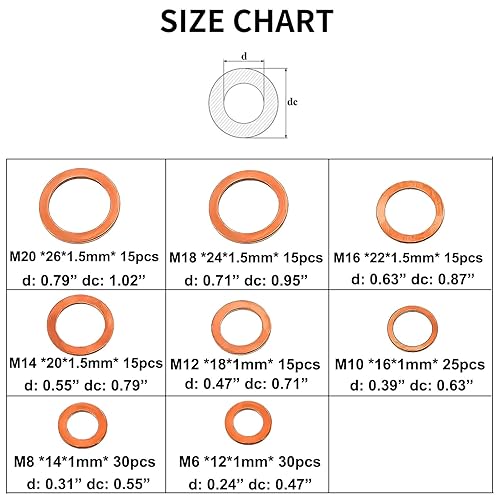 Miniatura 3 de MuHize Kit de arandelas de cobre, 150 piezas, 8 tamaños, planos de sellado métrico (M6 M8 M10 M12 M14 M16 M18 M20) para línea de combustible
