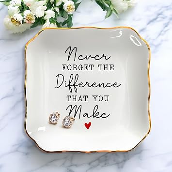 OASSIE Teacher Appreciation Gifts - 4x4 Porcelain Jewelry Dish Tray & Handmade Positive Apple Crochet with Message Card - Teachers Day Graduation End of The Year Birthday Thank You Gifts for Women